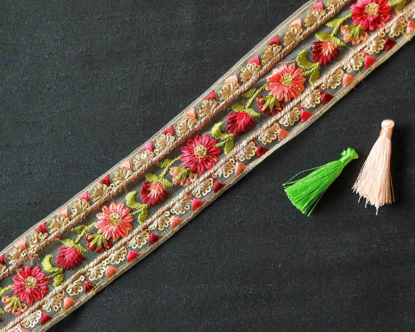 Peach Pink Floral Embroidered Trim,Sequin Floral Border,Yellow Red Floral Net Lace,Indian Fabric Trim,Floral Saree Border,Price/mtr