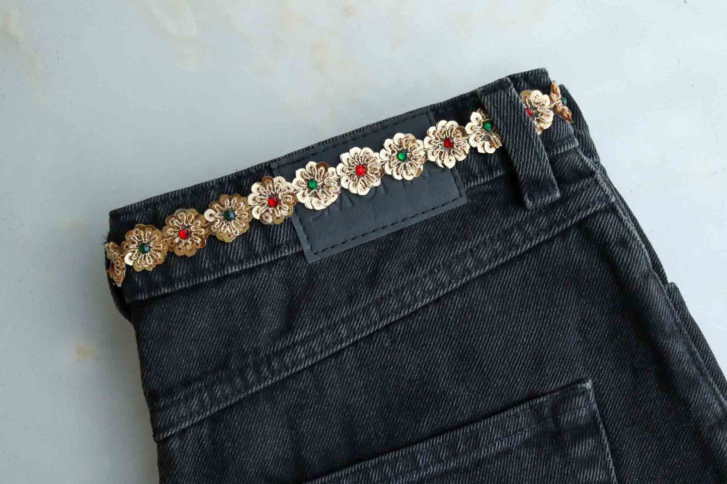 Gold Sequin Floral Embroidered Trim,Narrow Cutwork Colourful Sequin Border,Gold Sequin Lace,Indian Fabric Thin Gold Saree Border,Price/mtr