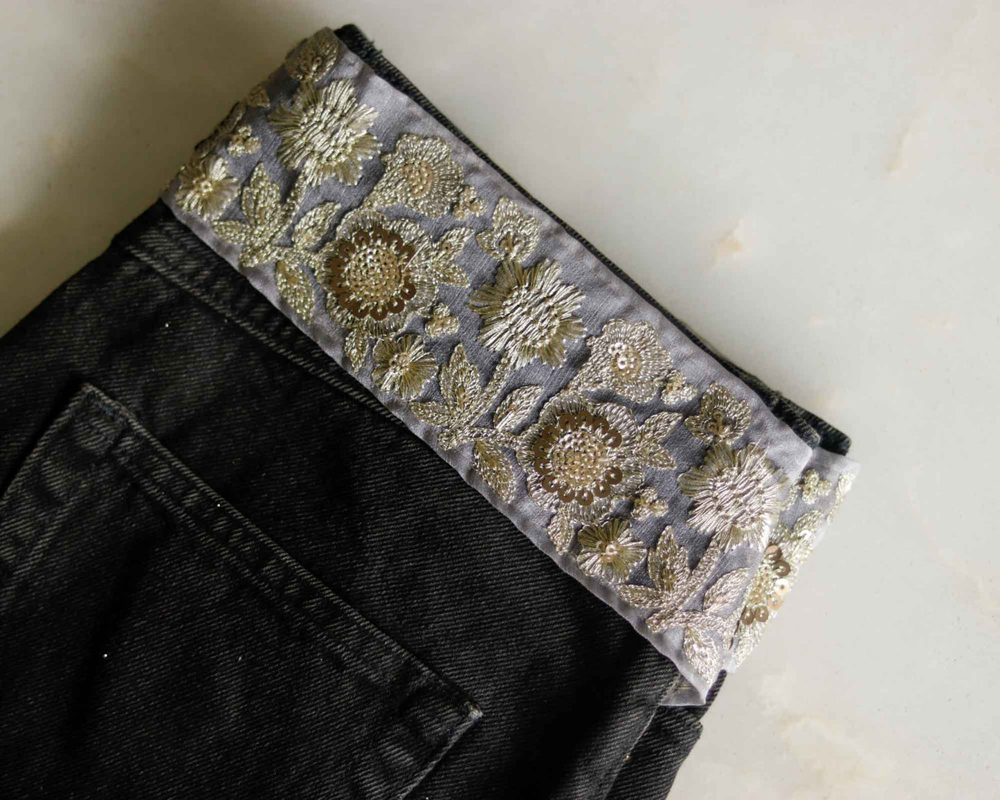 Grey Gold Floral Embroidered Trim,Grey Sequin Net Border,Grey Tissue Lace,Indian Fabric Trim,Grey Gold Saree Border,Price/mtr