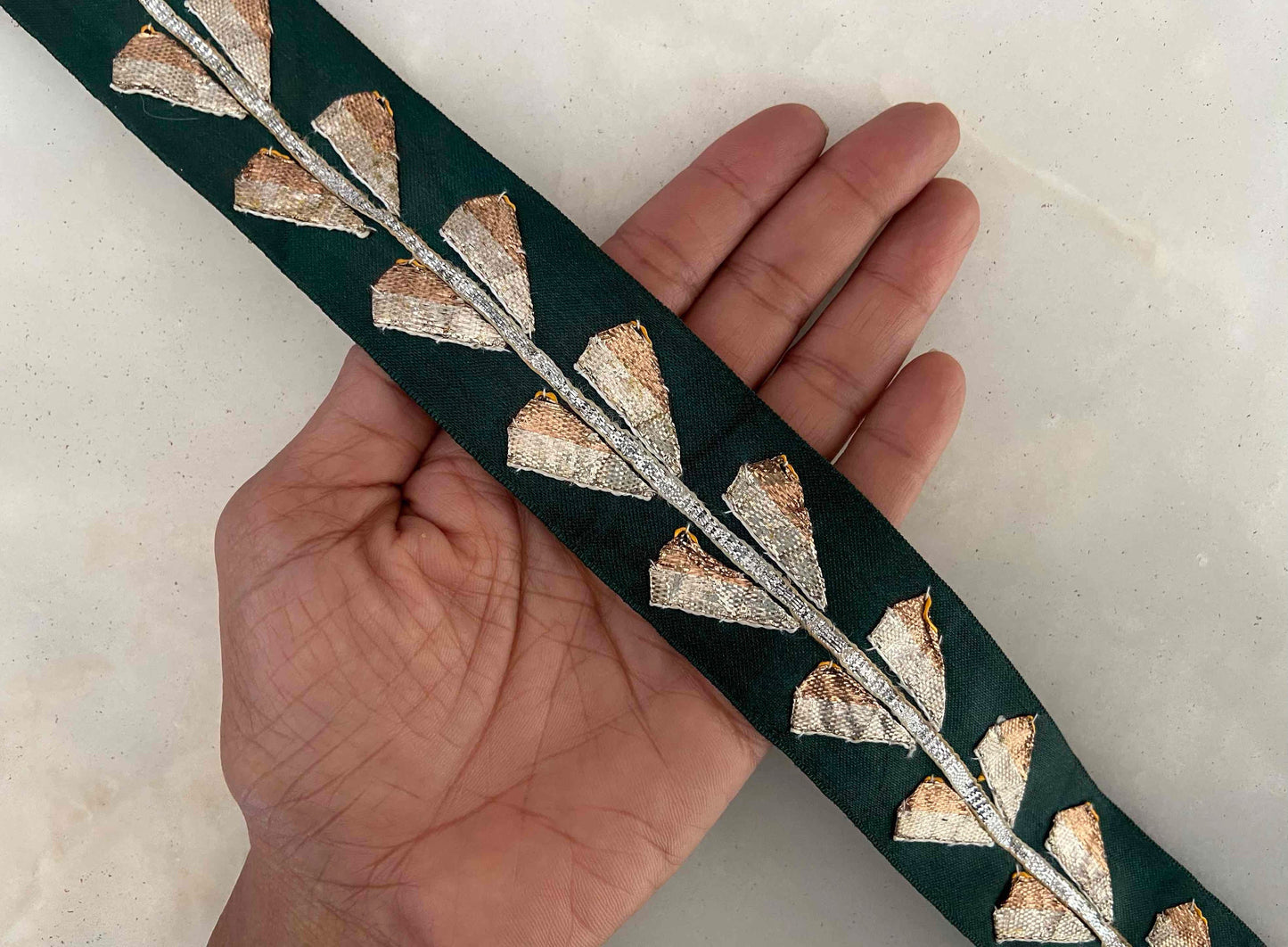 Green Gold Gota Embroidered Trim,Silver Gold Triangle Border, Gota Triangle Lace,Emerald Bridal Saree Border,Indian Fabric Trim,Price/mtr