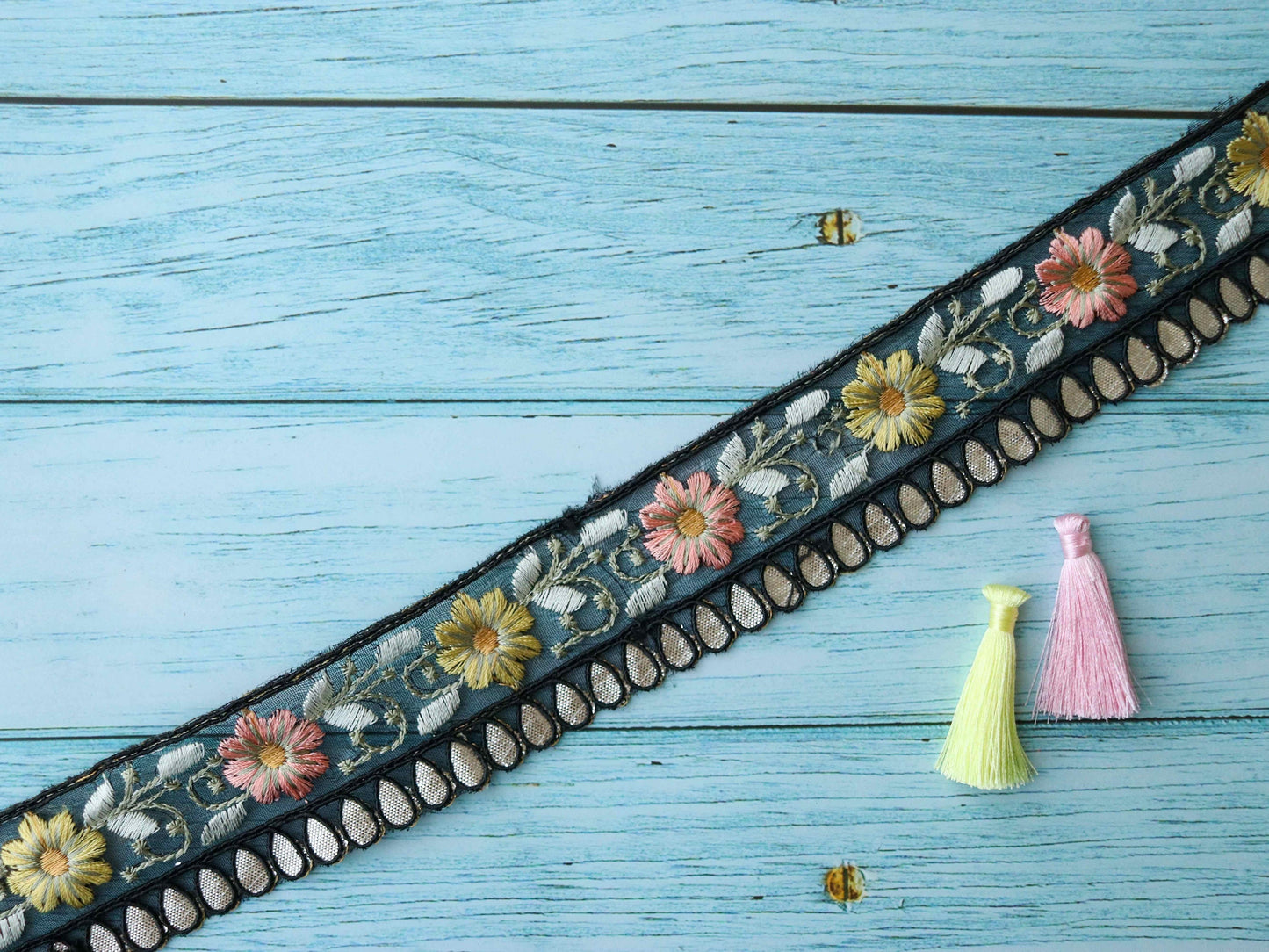 Black Gold Floral Embroidered Trim,Black Pink Yellow Floral Organza Border,Floral Tissue Lace,Indian Trim,Black Saree Border,Price/mtr
