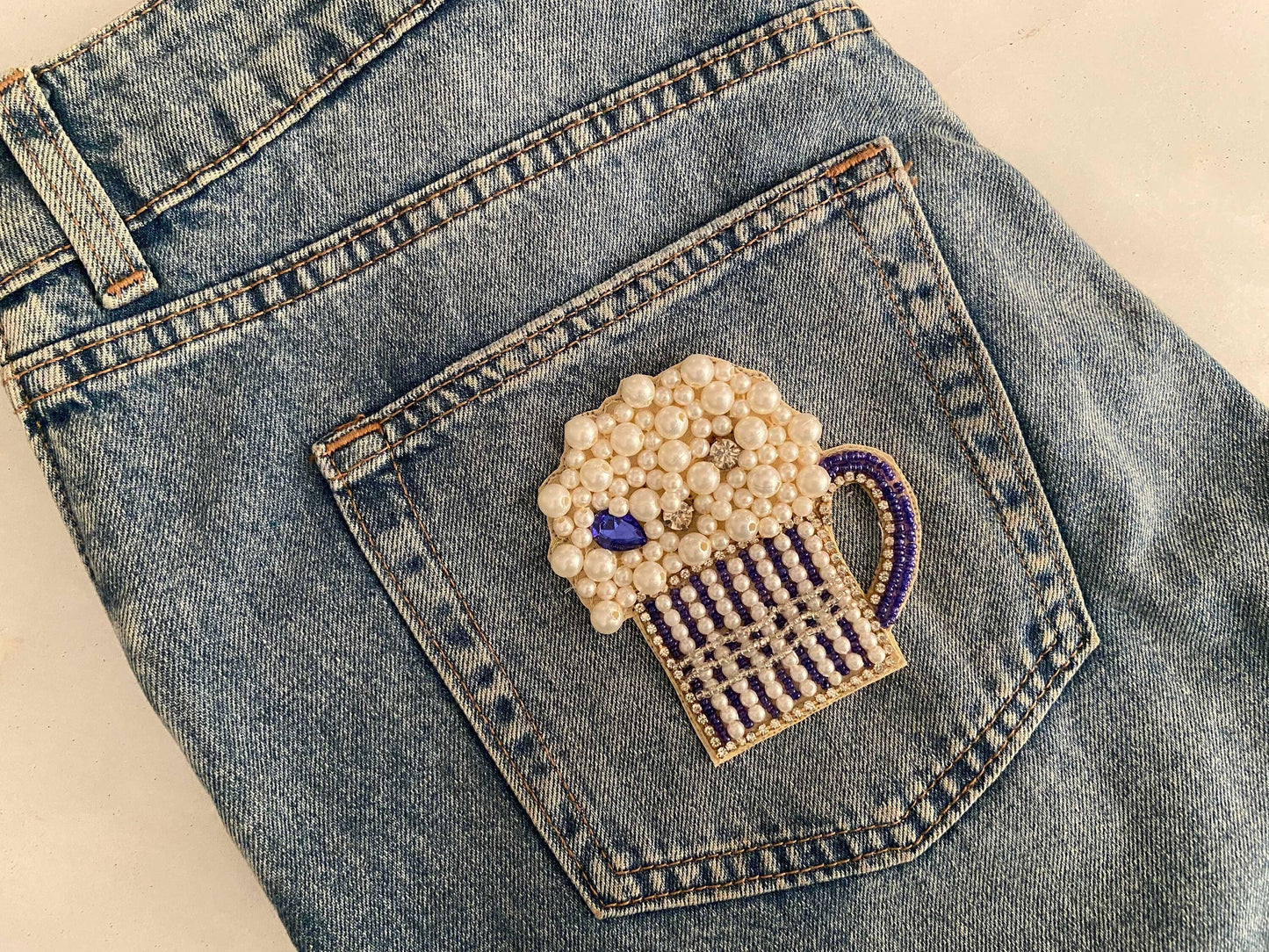 Quirky Beer Mug Beaded Patch,Handmade Embroidered applique, Blue White Drink Patch,Food Applique, Boho Playful applique