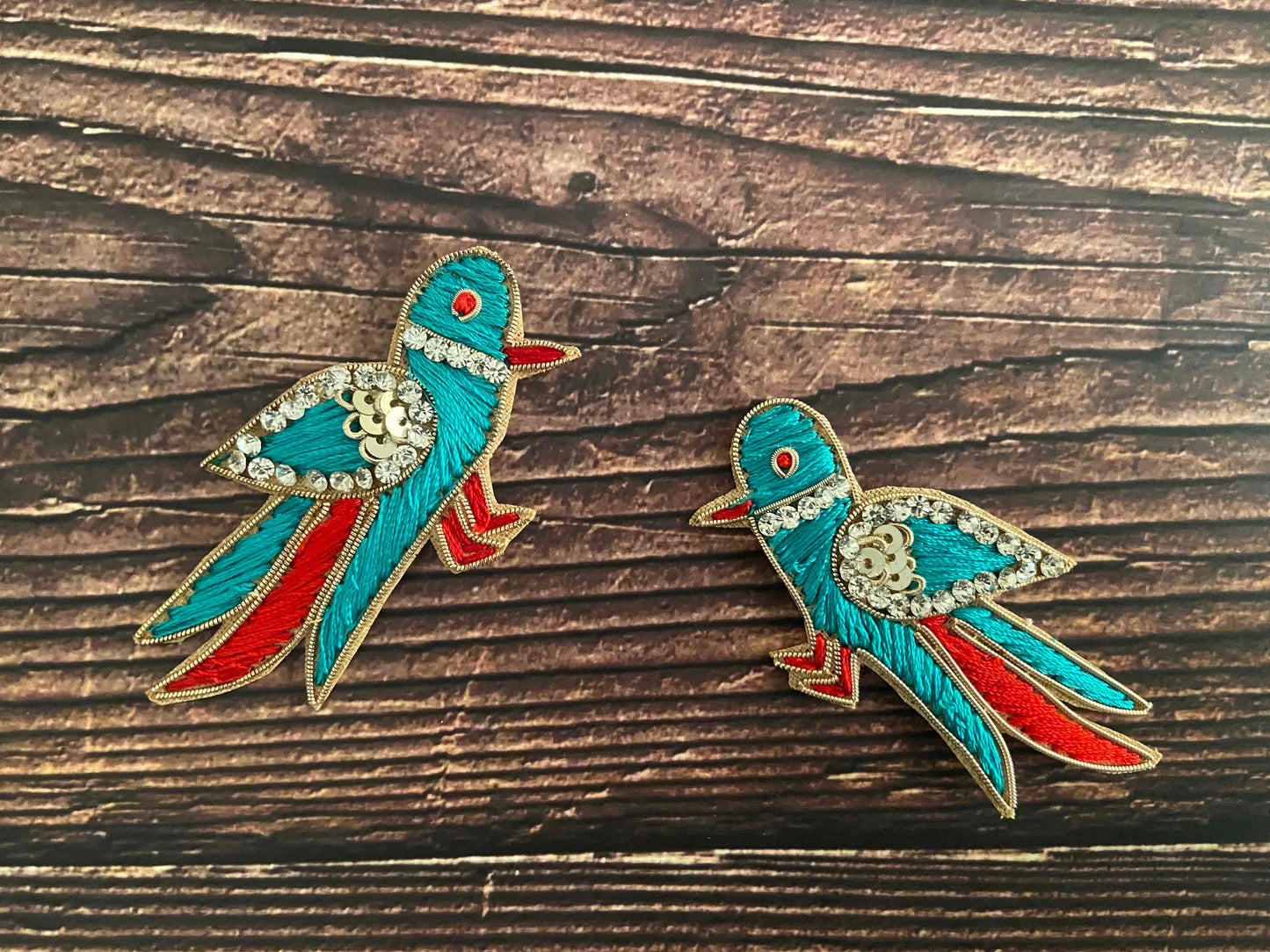 Teal Gold Parrot embroidered patch,Handmade Parrot Pair applique, Blue Red Gold bird patch,Quirky Boho DIY Bird Patch, 2 pieces , Code PBP