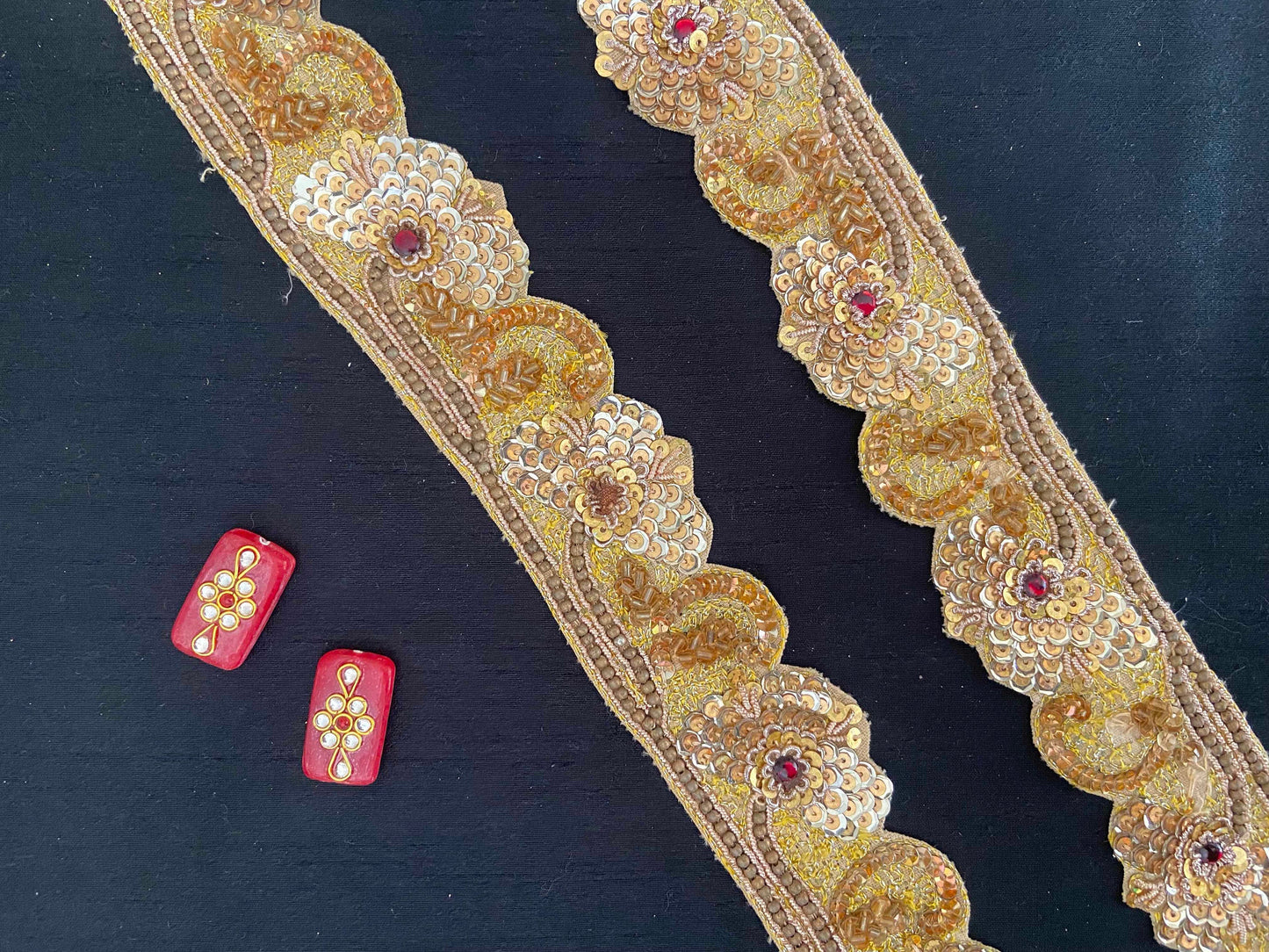 Vintage Gold Floral Embroidered Trim,Indian Handmade Old Gold Sequin Border,Golden Sequin Lace,Bridal Saree Border,Designer Trim,Price/mtr