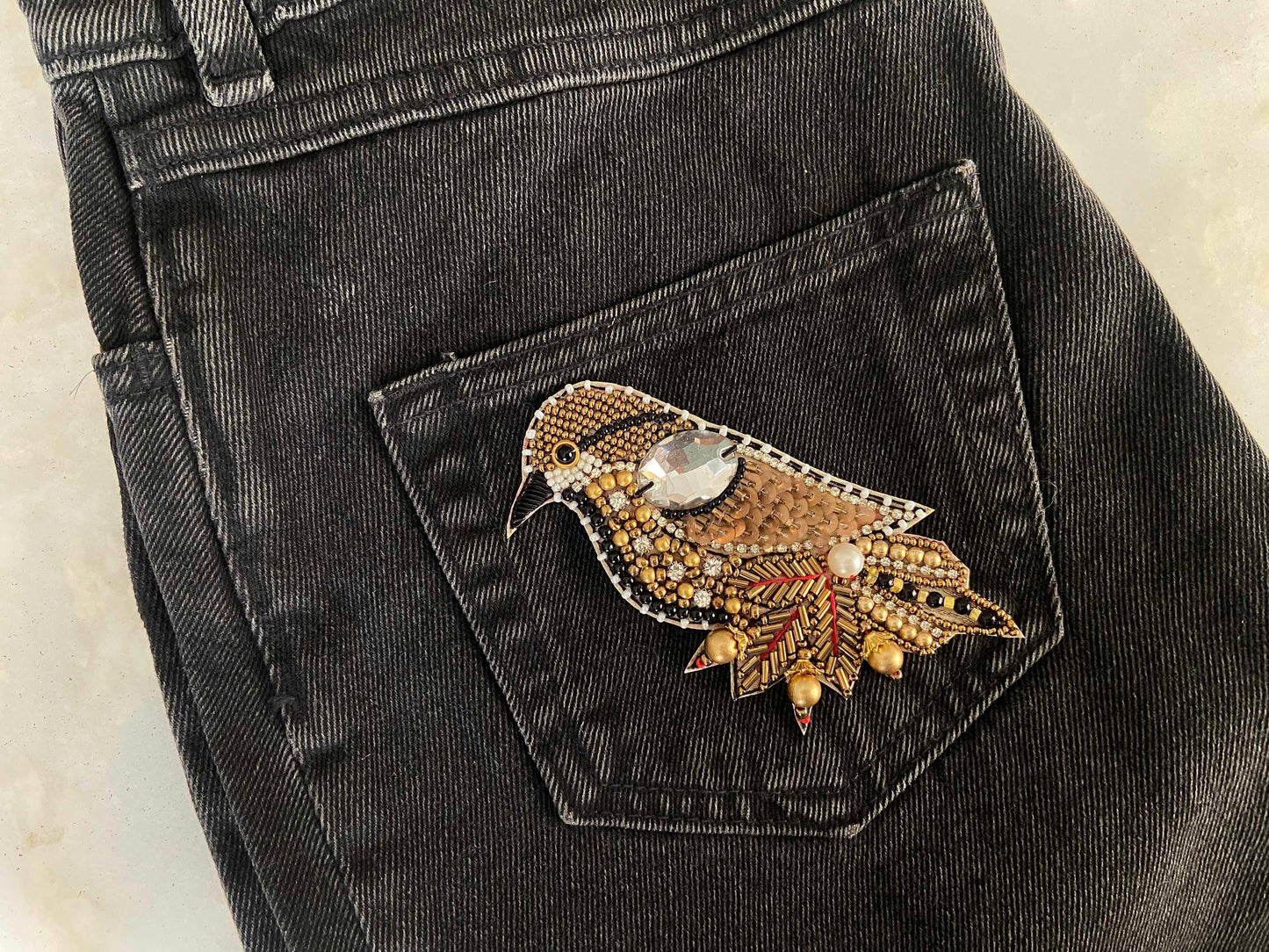 Golden Sparrow beaded embroidered patch,Handmade Beaded applique, Old Gold bird patch,Costume Denim Patch,Sew on Applique, DIY Patch