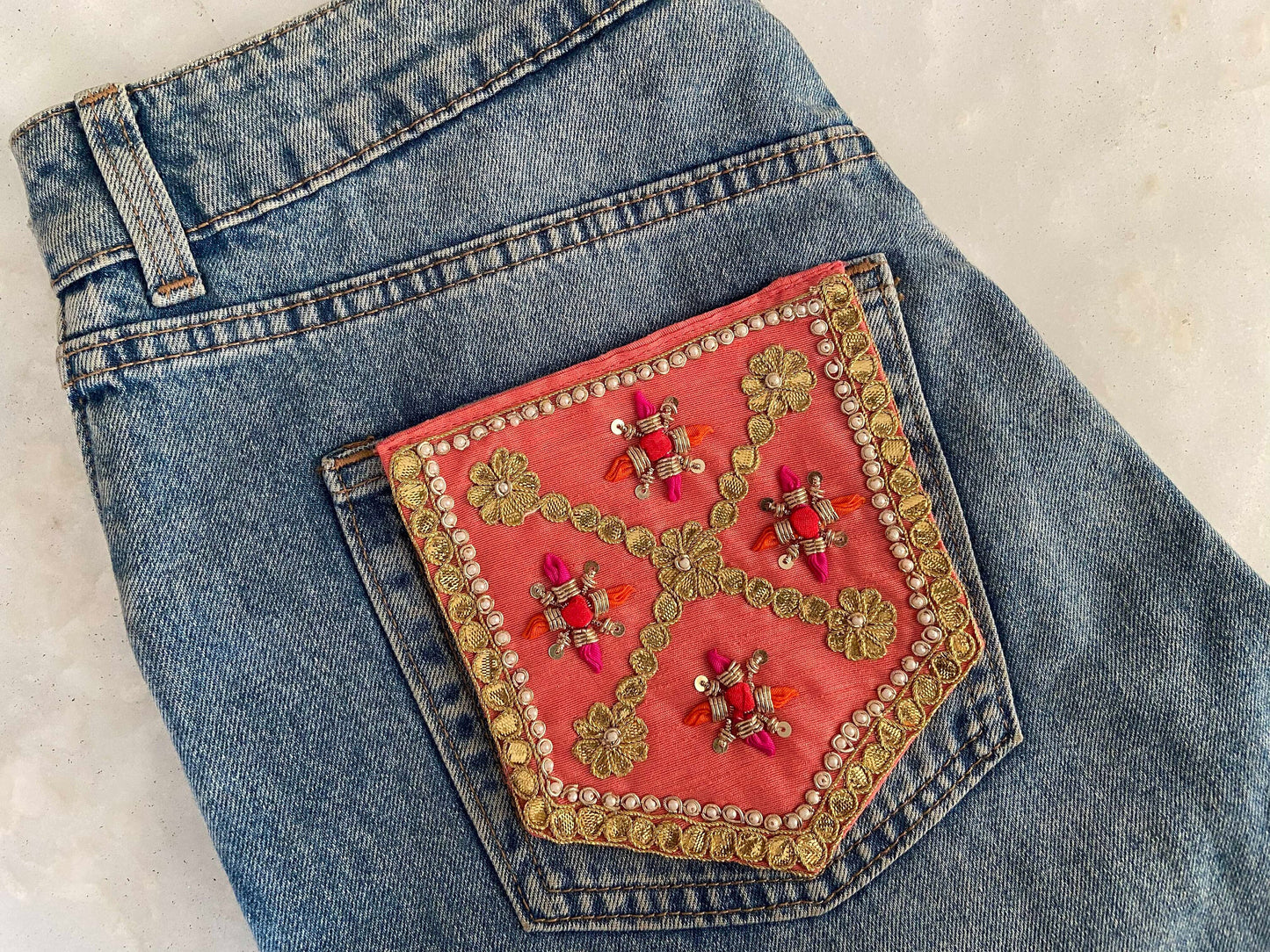 Pink Gold Embroidered Pocket Patch,Handmade Indian Pink Pocket Applique,Boho Kitschy Floral Bird Patch,DIY Denim Jacket Patch