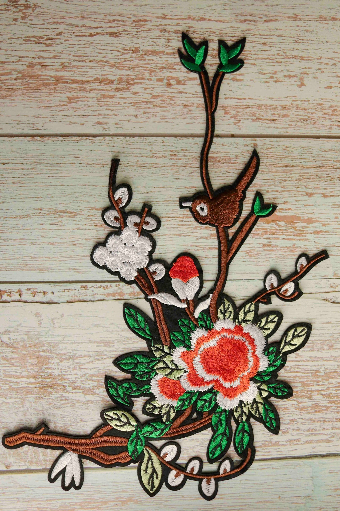 Floral Bird HTV Iron-On Patch,Brown Orange Exotic Sparrow applique, Large Floral applique, Quirky Bird patch,Heat Transfer Vinyl applique