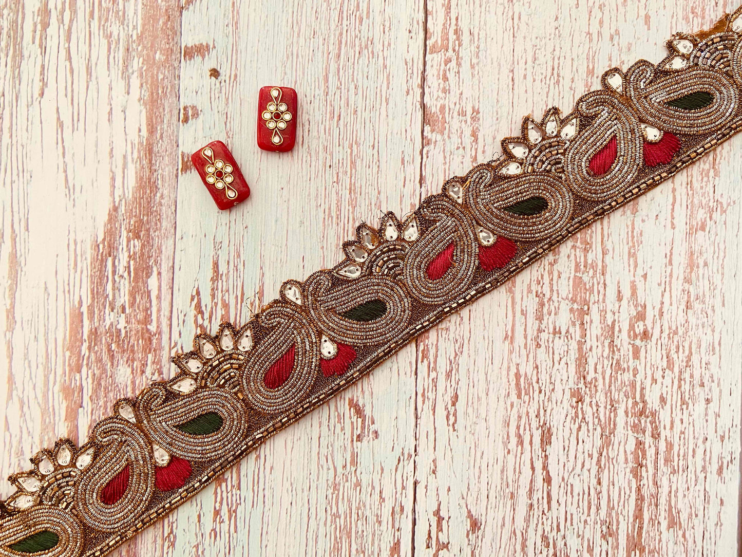 Vintage Paisley Red Gold Trim,Indian Handmade Embroidered Cutwork Floral Lace, Old Gold Lace,Bridal Saree Border,Designer Trim,Price/mtr