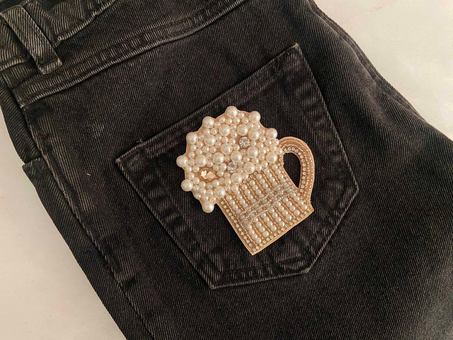 Quirky Beer Mug Beaded Patch,Handmade Embroidered applique, Gold White Drink Patch,Food Applique, Boho Playful applique