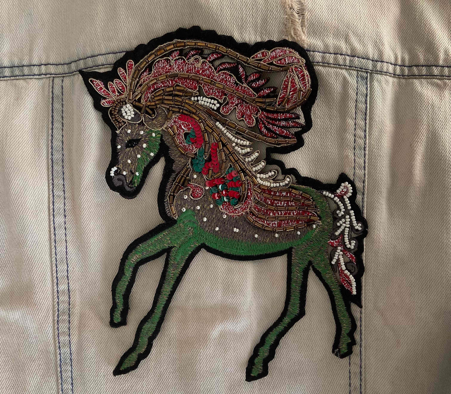 Green Pink Beaded Horse Patch,Cutwork Handmade embroidered applique, Boho Large Horse Patch,Fantasy Animal patch,Sew on applique, DIY Patch