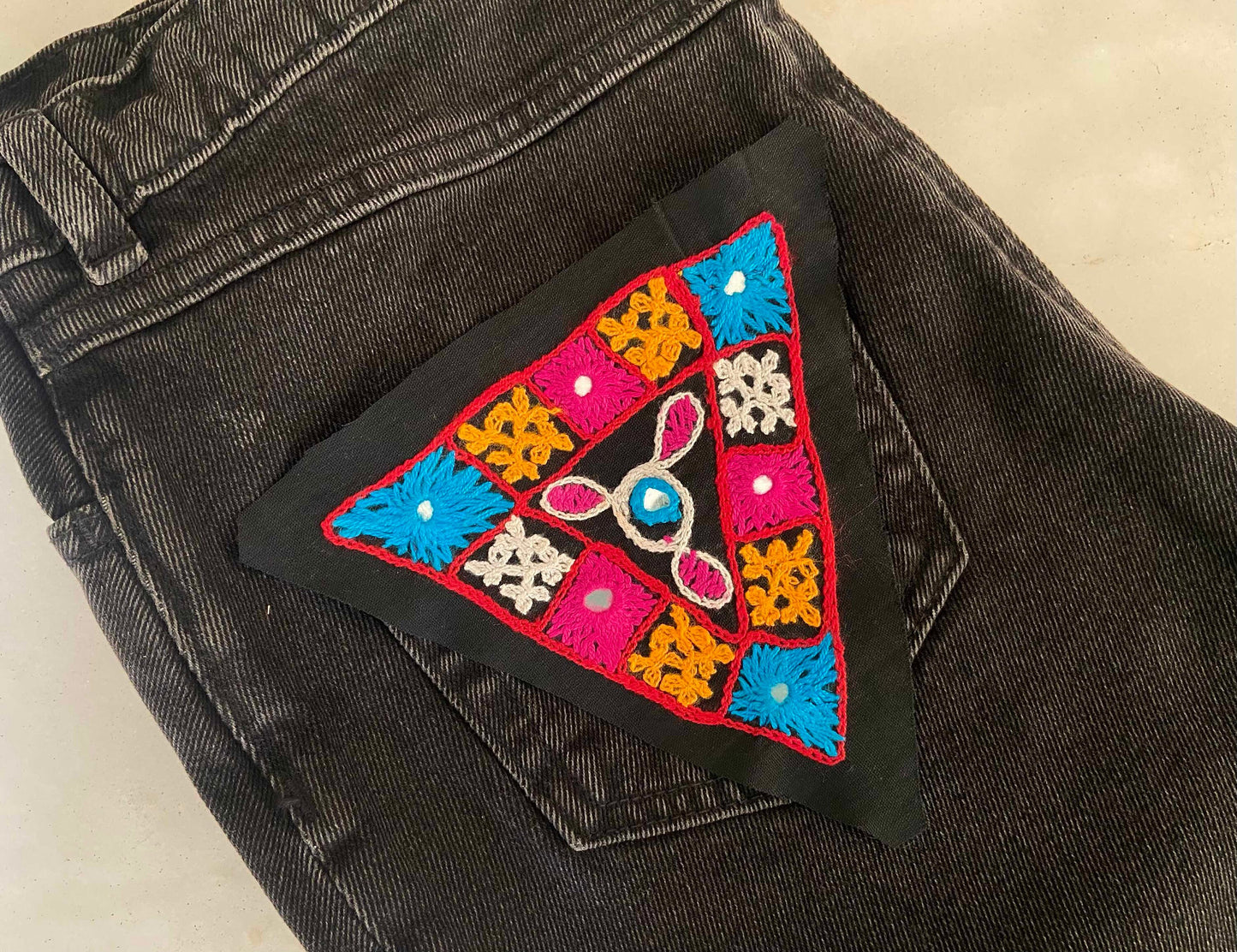 Black Multicolour Kutchi Embroidered Patch,Handmade Triangle Mirror Applique, Boho Tribal Banjara Black Mirror Embroidery Patch, DIY Patch