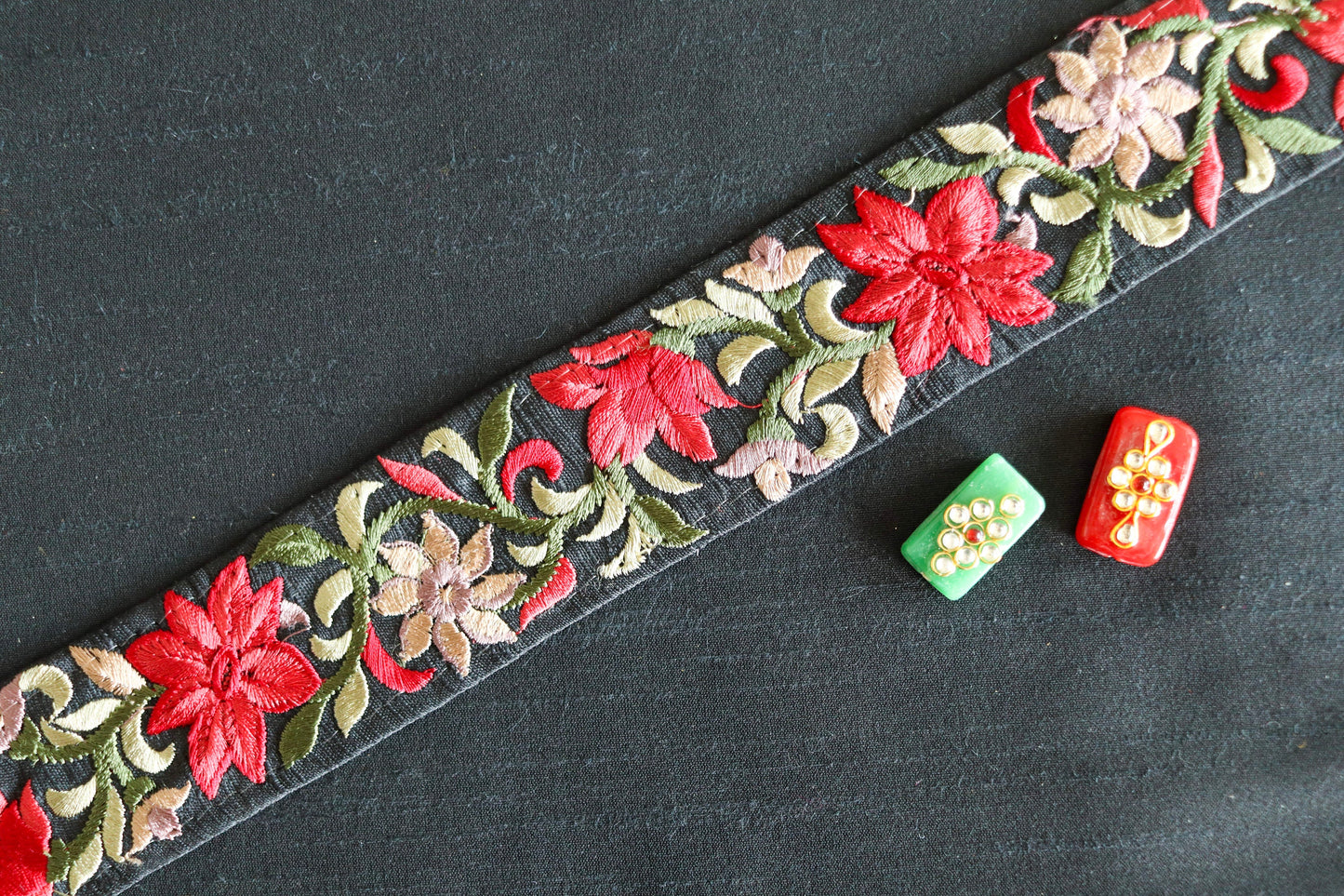 Black Red Floral Embroidered Trim,Indian Fabric Embroidered Border,Black Floral Lace,Parsi Embroidery Border,Floral Saree Border,Price/mt