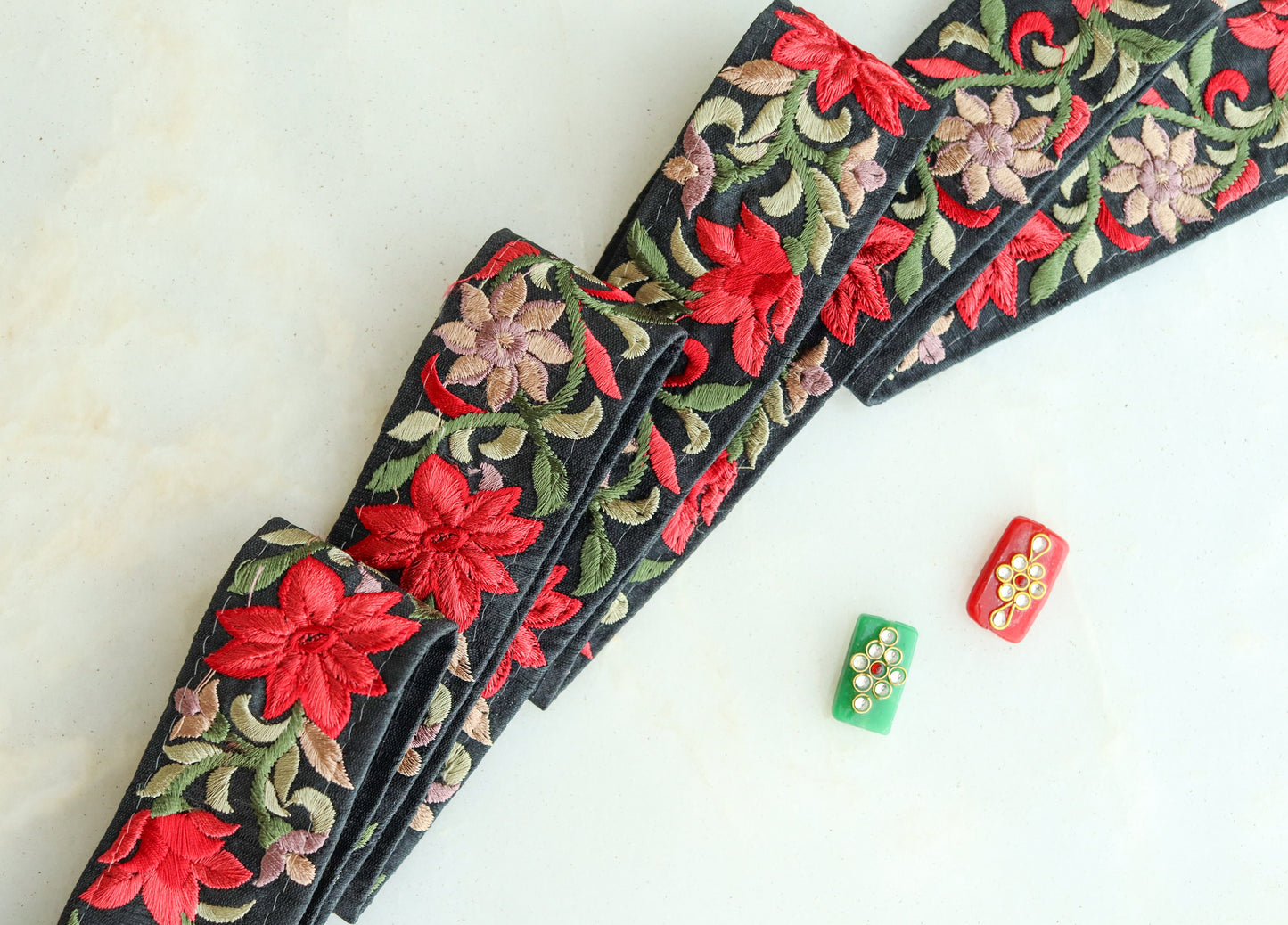 Black Red Floral Embroidered Trim,Indian Fabric Embroidered Border,Black Floral Lace,Parsi Embroidery Border,Floral Saree Border,Price/mt