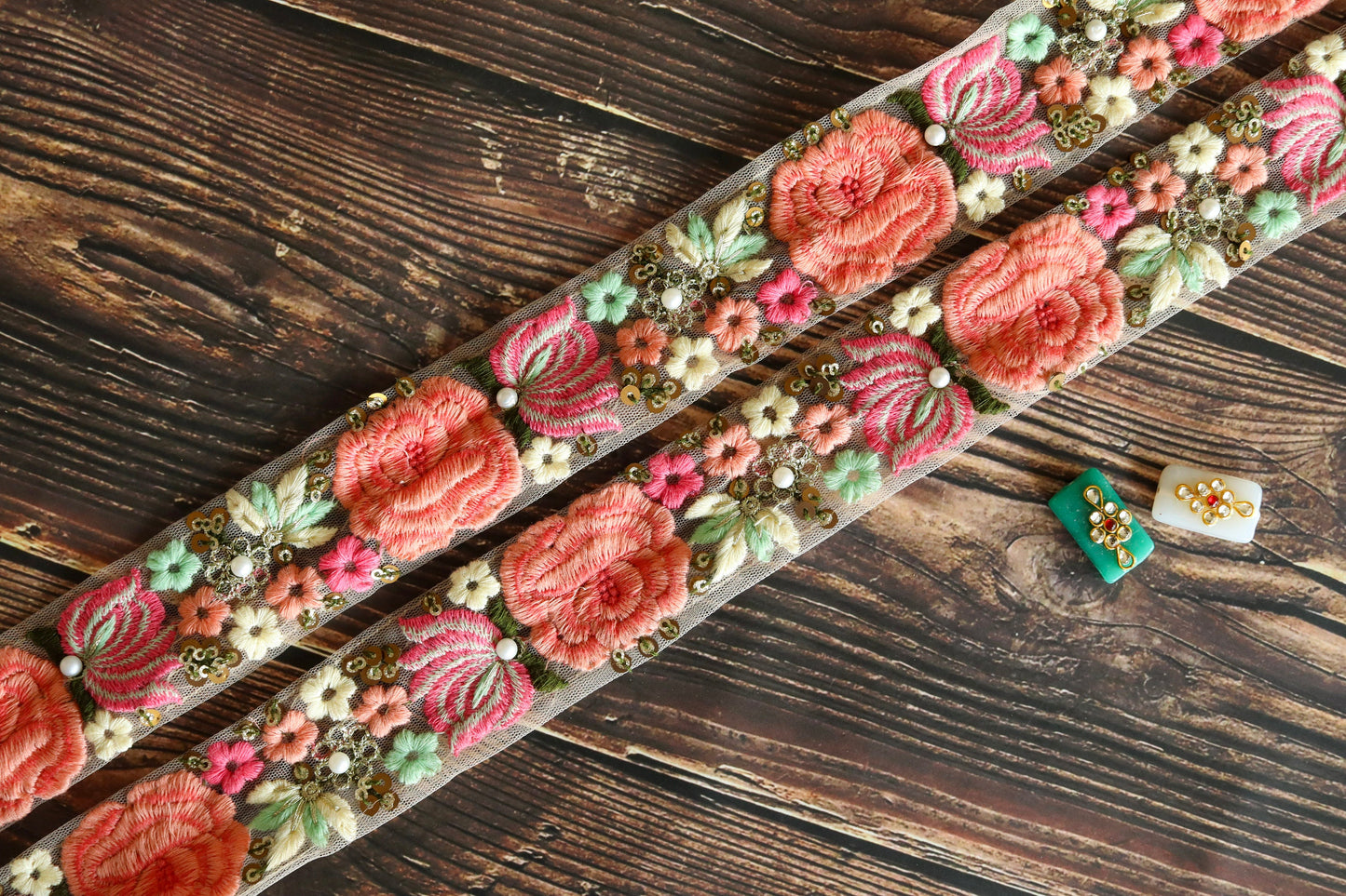 Pink Floral Embroidered Net Trim,Pink Floral Border, Peach Fuzz Net Lace,Indian Fabric Trim,Saree Border,Price/mtr