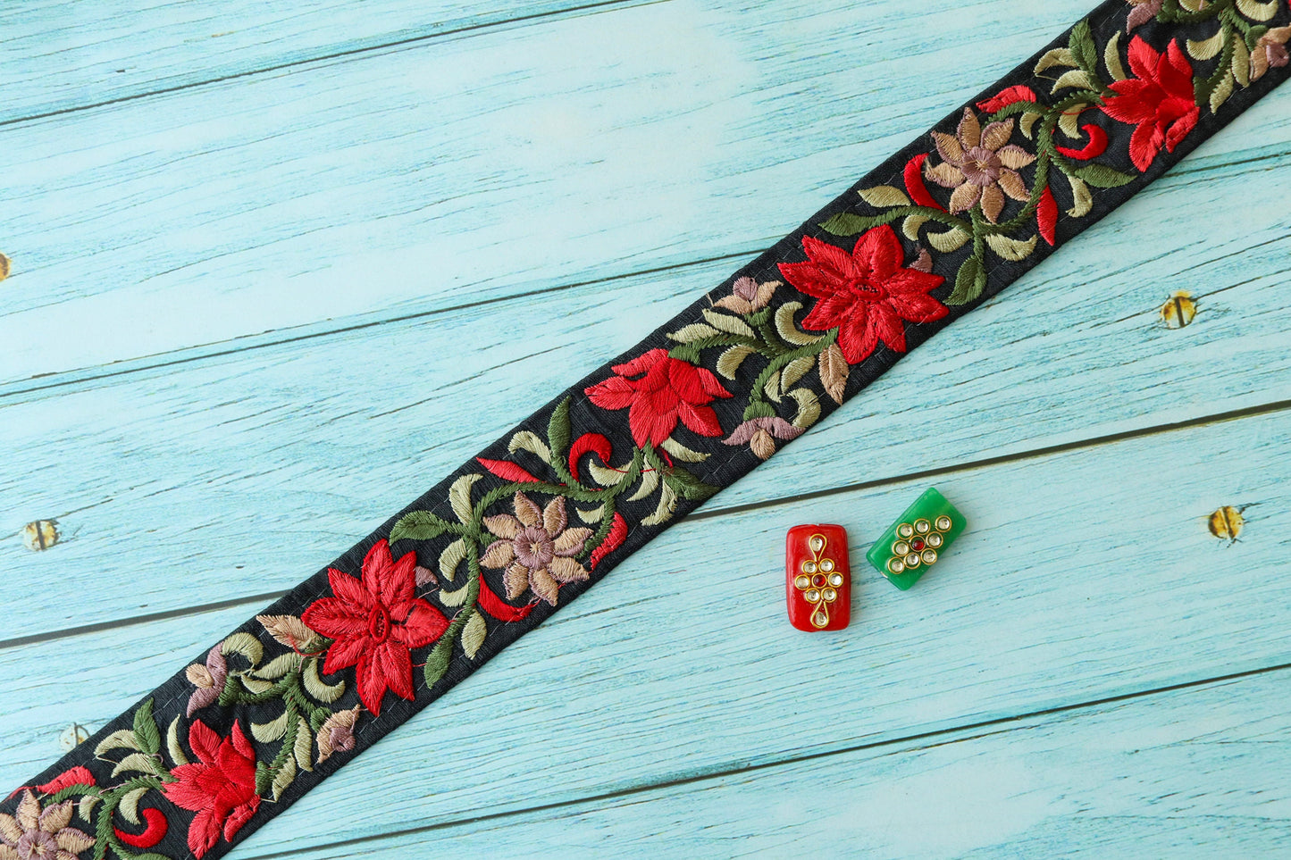 Black Red Floral Embroidered Trim,Indian Fabric Embroidered Border,Black Floral Lace,Parsi Embroidery Border,Floral Saree Border,Price/mt
