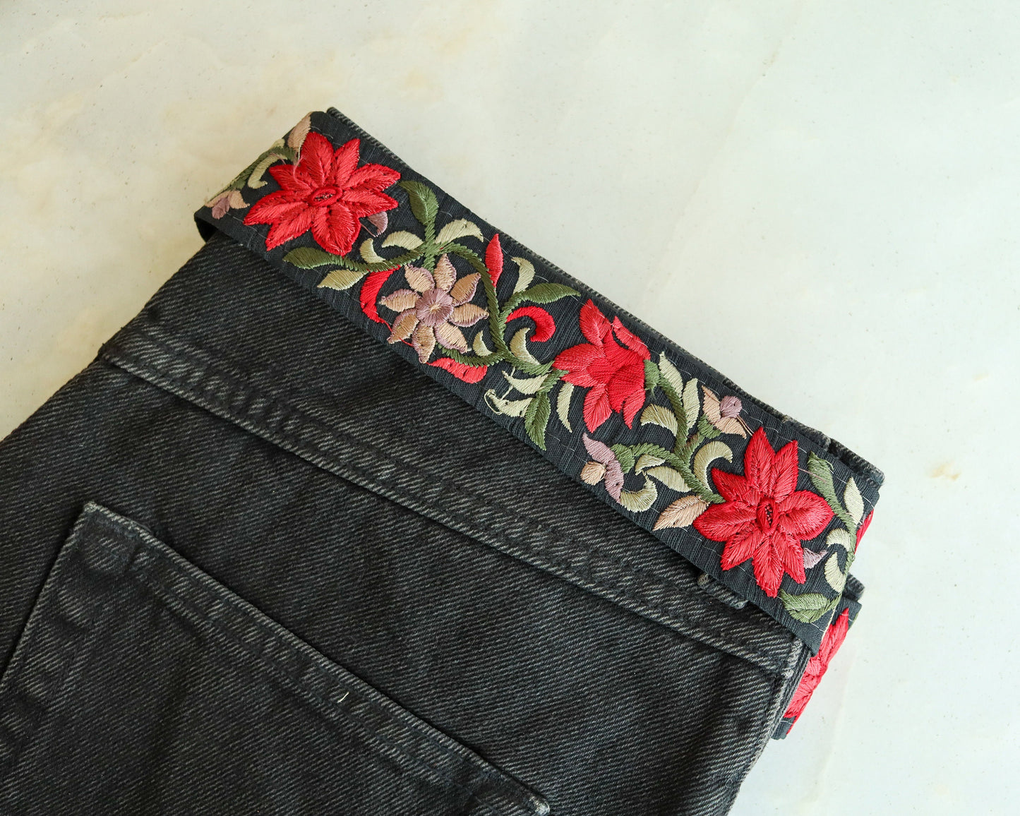 Black Red Floral Embroidered Trim,Indian Fabric Embroidered Border,Black Floral Lace,Parsi Embroidery Border,Floral Saree Border,Price/mt