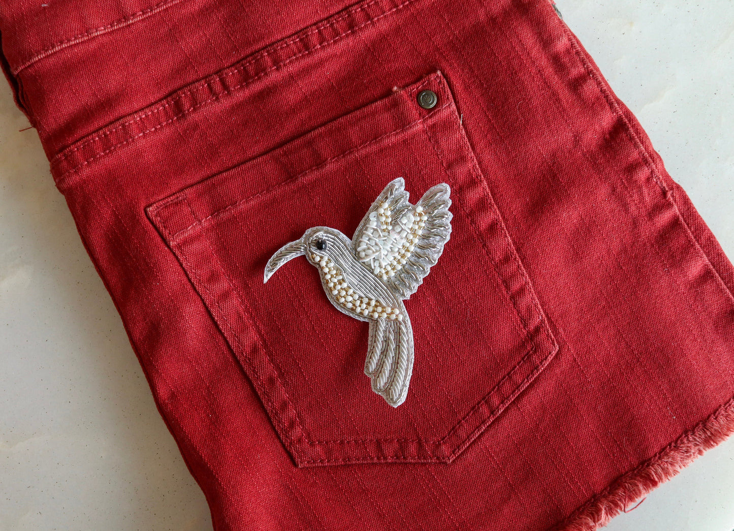Silver White Bird embroidered patch,Handmade Beaded applique, Silver bird patch,Costume Denim Patch,Sew on Applique, DIY Patch