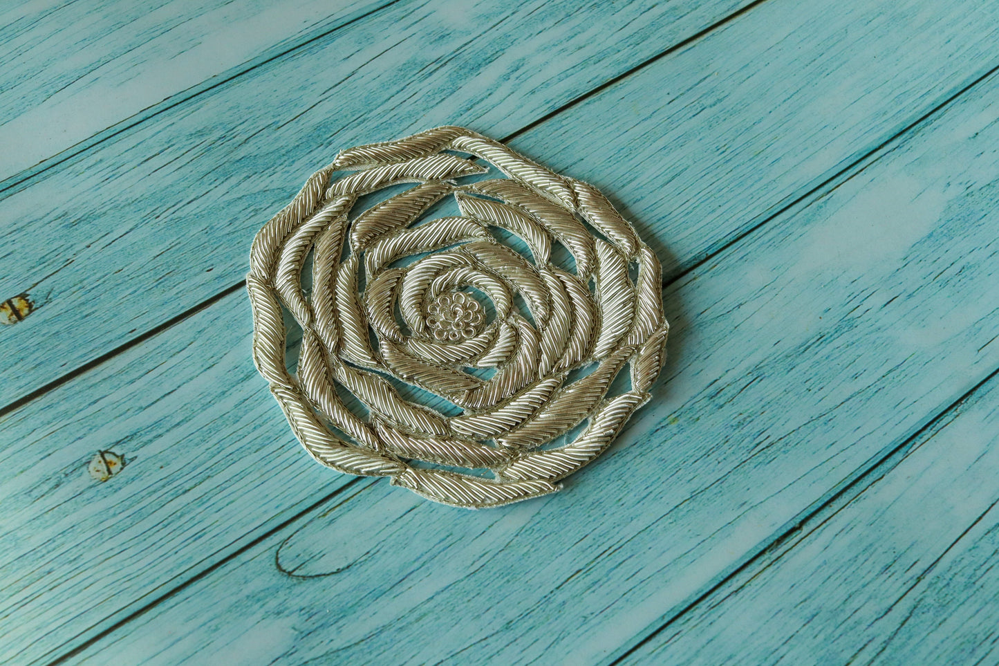 Rose Silver Cutwork Floral Patch,Handmade embroidered Zari Zardozi large flower applique, Silver wedding Floral patch, DIY Patch