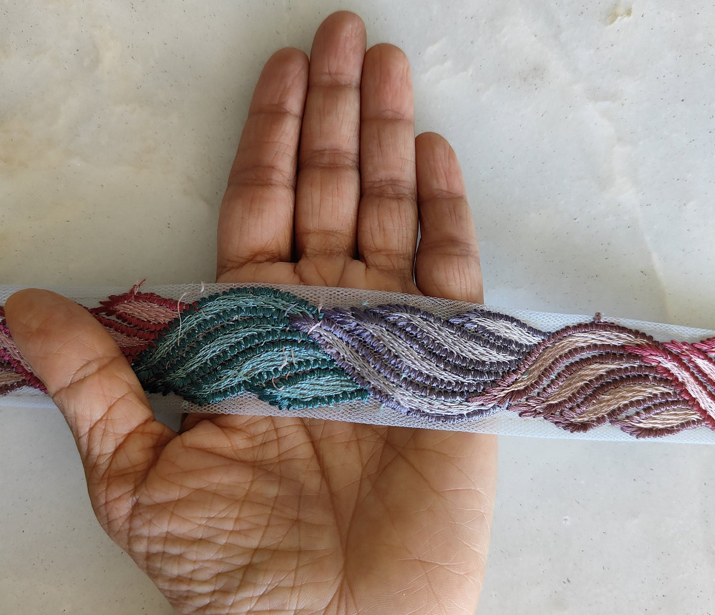Pastel Pink Braid Embroidered Trim, Net Indian Border, Teal Purple Lavender Twine Net Lace, Boho Hippie Saree Border, インド刺繍リボン, Price/mtr