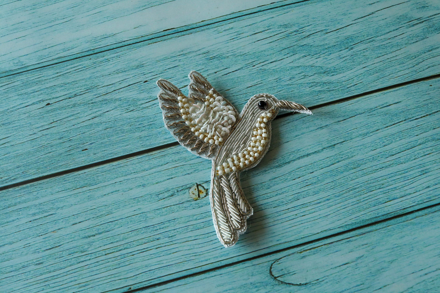 Silver White Bird embroidered patch,Handmade Beaded applique, Silver bird patch,Costume Denim Patch,Sew on Applique, DIY Patch