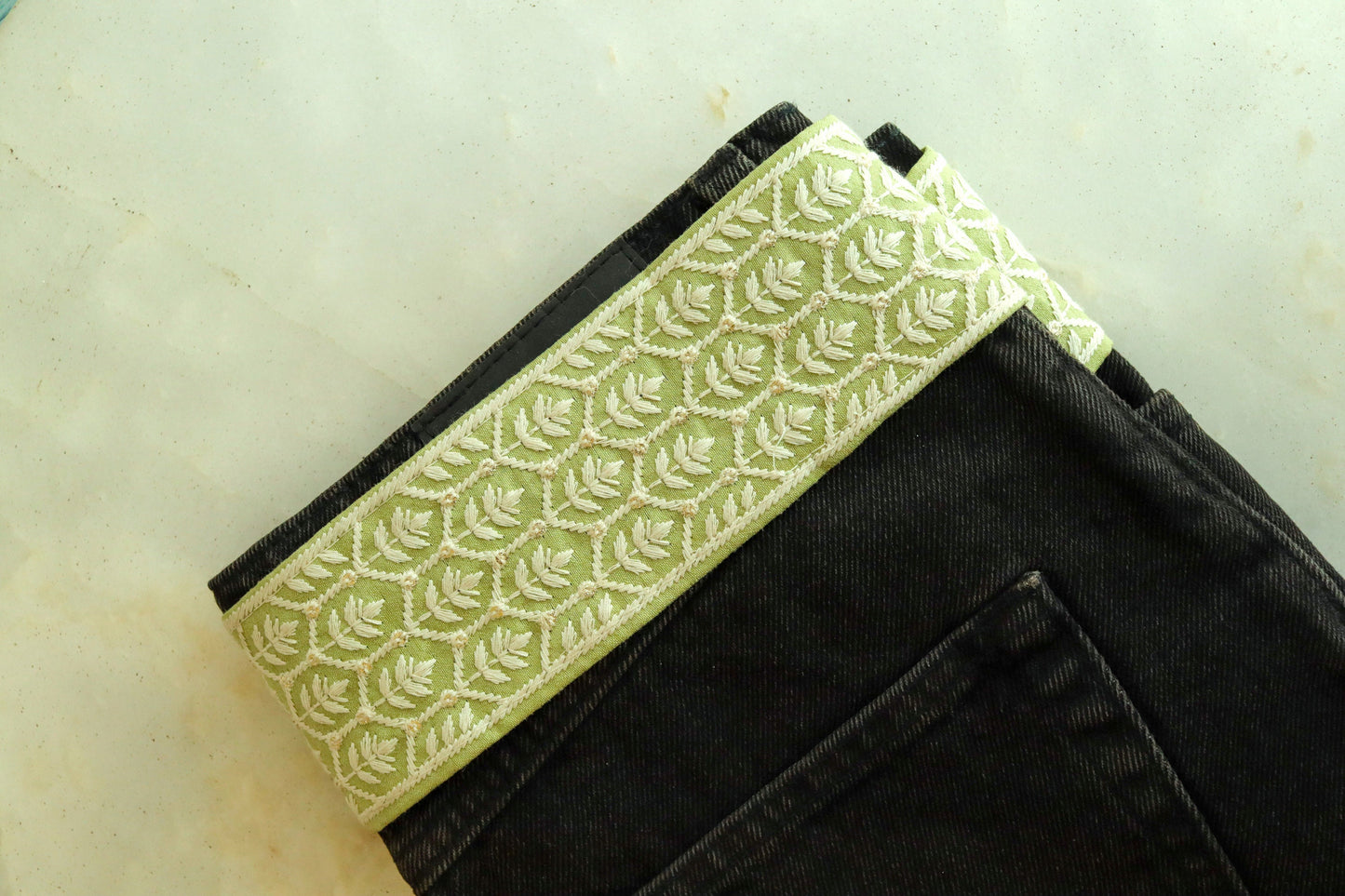 Green White Floral Net Trim, Indian Fabric Embroidered Border, Mint Green Stripes Lace, Lucknowi Chikankari Saree Border, Price/mtr,インド刺繍リボン