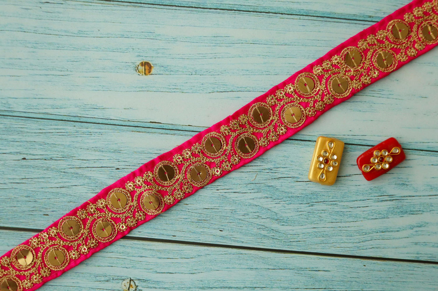 Pink Gold Sequin Embroidered Trim, Indian Sequin Border, Pink Floral Lace, Pink Saree Border, Indian Fabric Trim, Price/mtr