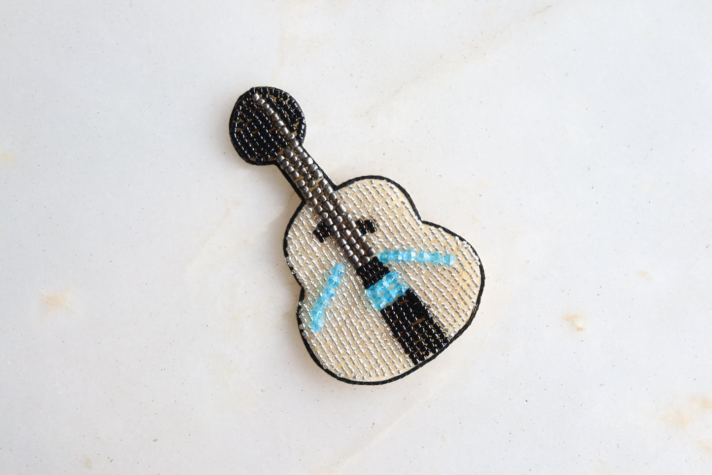 White Guitar beaded embroidered patch, Handmade Black White applique, Quirky patch, Musical instrument applique, Denim Sew on DIY Patch