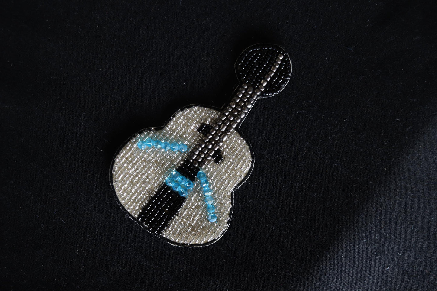 White Guitar beaded embroidered patch, Handmade Black White applique, Quirky patch, Musical instrument applique, Denim Sew on DIY Patch