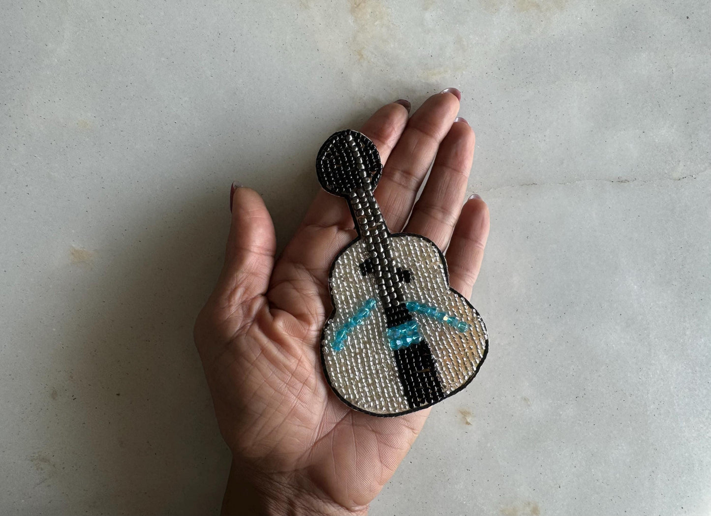 White Guitar beaded embroidered patch, Handmade Black White applique, Quirky patch, Musical instrument applique, Denim Sew on DIY Patch