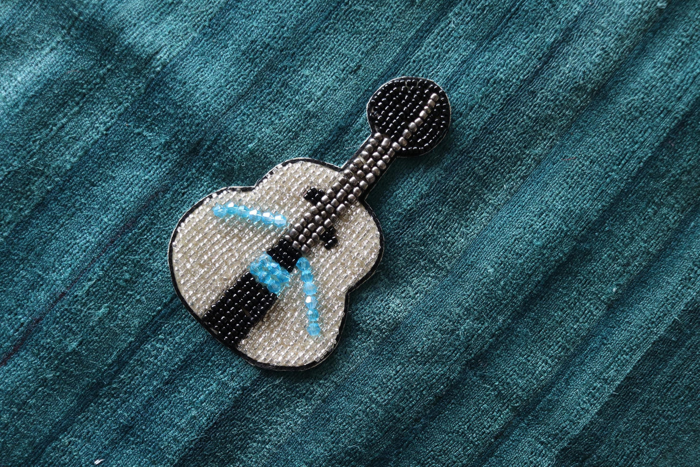 White Guitar beaded embroidered patch, Handmade Black White applique, Quirky patch, Musical instrument applique, Denim Sew on DIY Patch