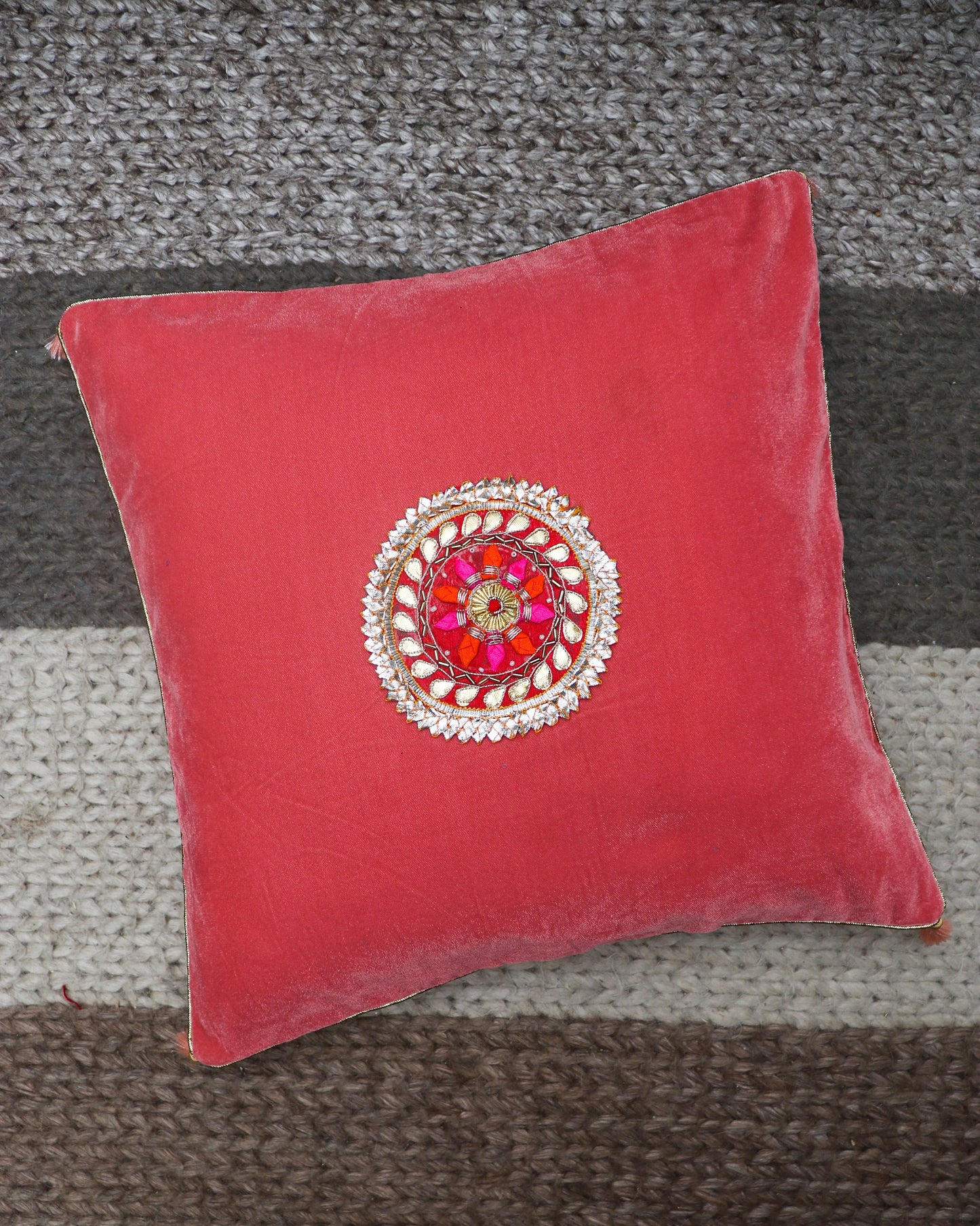 Rajwada - Peach Velvet Cushion Cover, Handmade Festive Designer Cushion Cover, Luxurious Velvet Sham, Peach Gota Floral Patch,16X16,Price/pc