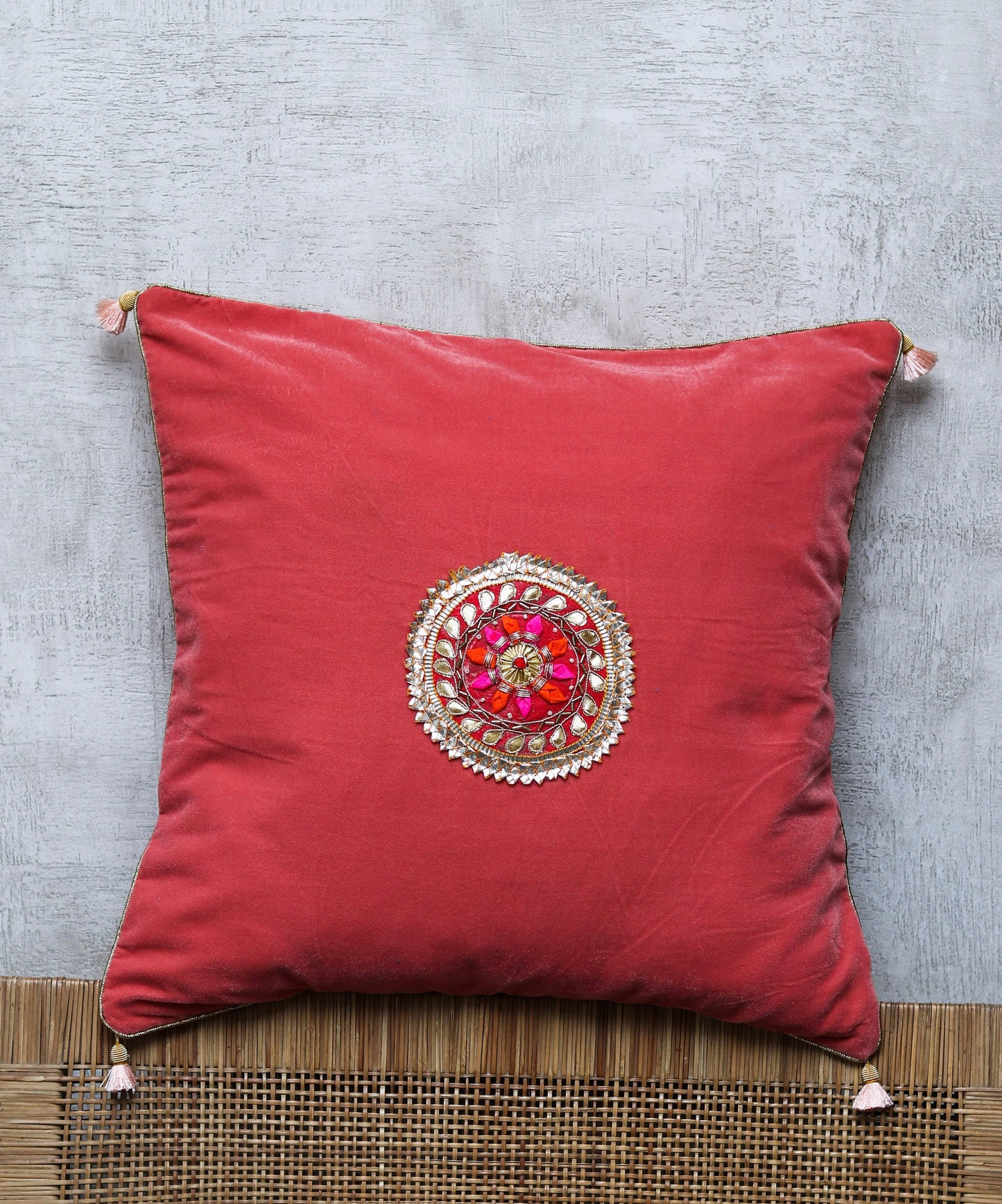 Rajwada - Peach Velvet Cushion Cover, Handmade Festive Designer Cushion Cover, Luxurious Velvet Sham, Peach Gota Floral Patch,16X16,Price/pc