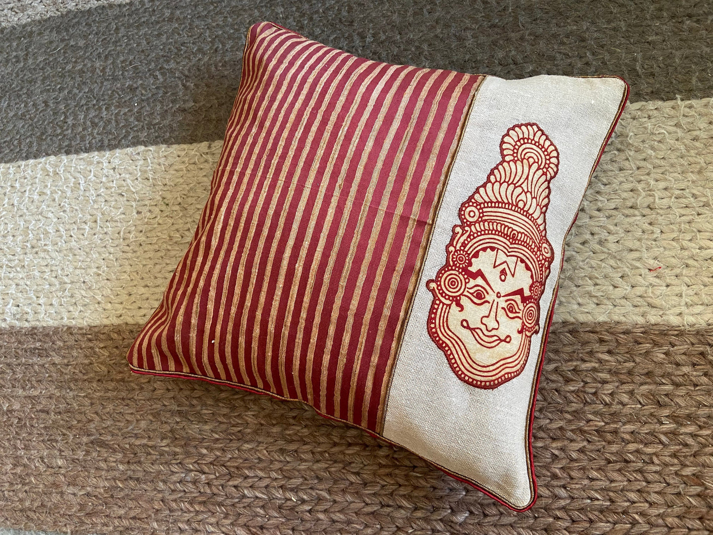 Nritya – Jute Silk Cushion Cover, Kathakali Cushion Cover, Handmade Maroon Beige Sham, Designer Indian Festive Sham, 16X16, Price/pc
