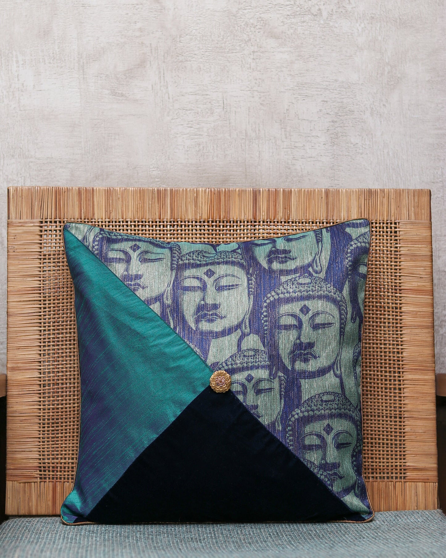 Moksha - Buddha Velvet Cushion Cover,Handmade Festive Cushion Cover, Buddhist Mythology Embroidered Printed Sham, 16", 18", Price/pc