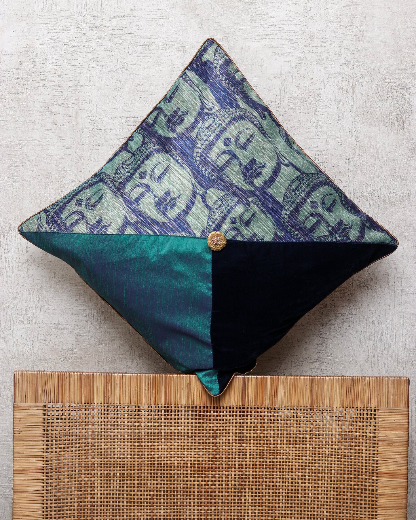 Moksha - Buddha Velvet Cushion Cover,Handmade Festive Cushion Cover, Buddhist Mythology Embroidered Printed Sham, 16", 18", Price/pc