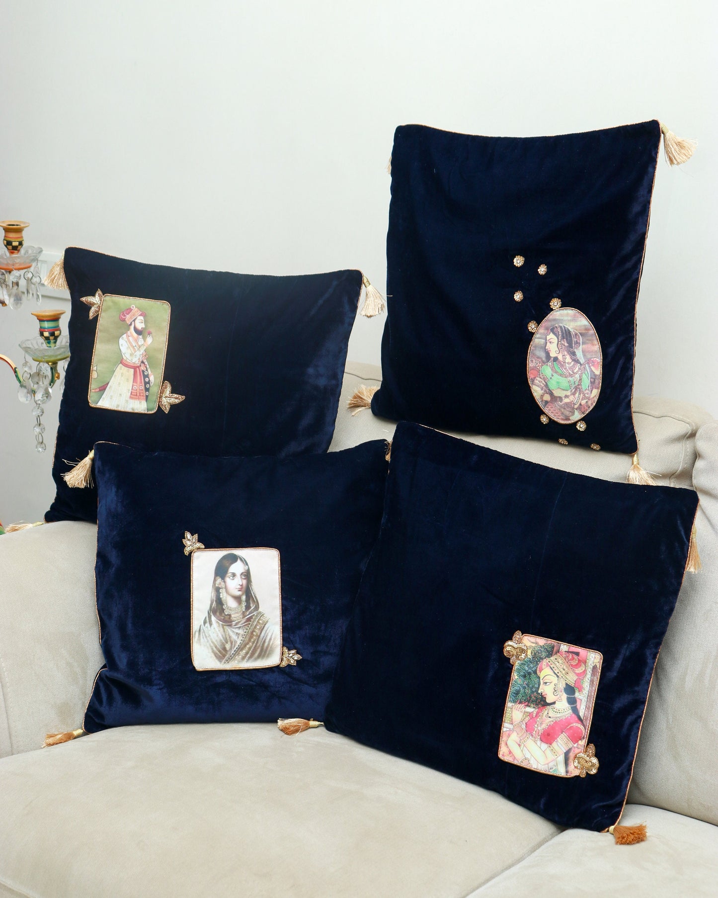 Ishqnama - Regal Blue Velvet Cushion Cover,Handmade Festive Cushion Cover,Indian Queen Digital Print Sham,Designer Decor,16",18",Price/pc