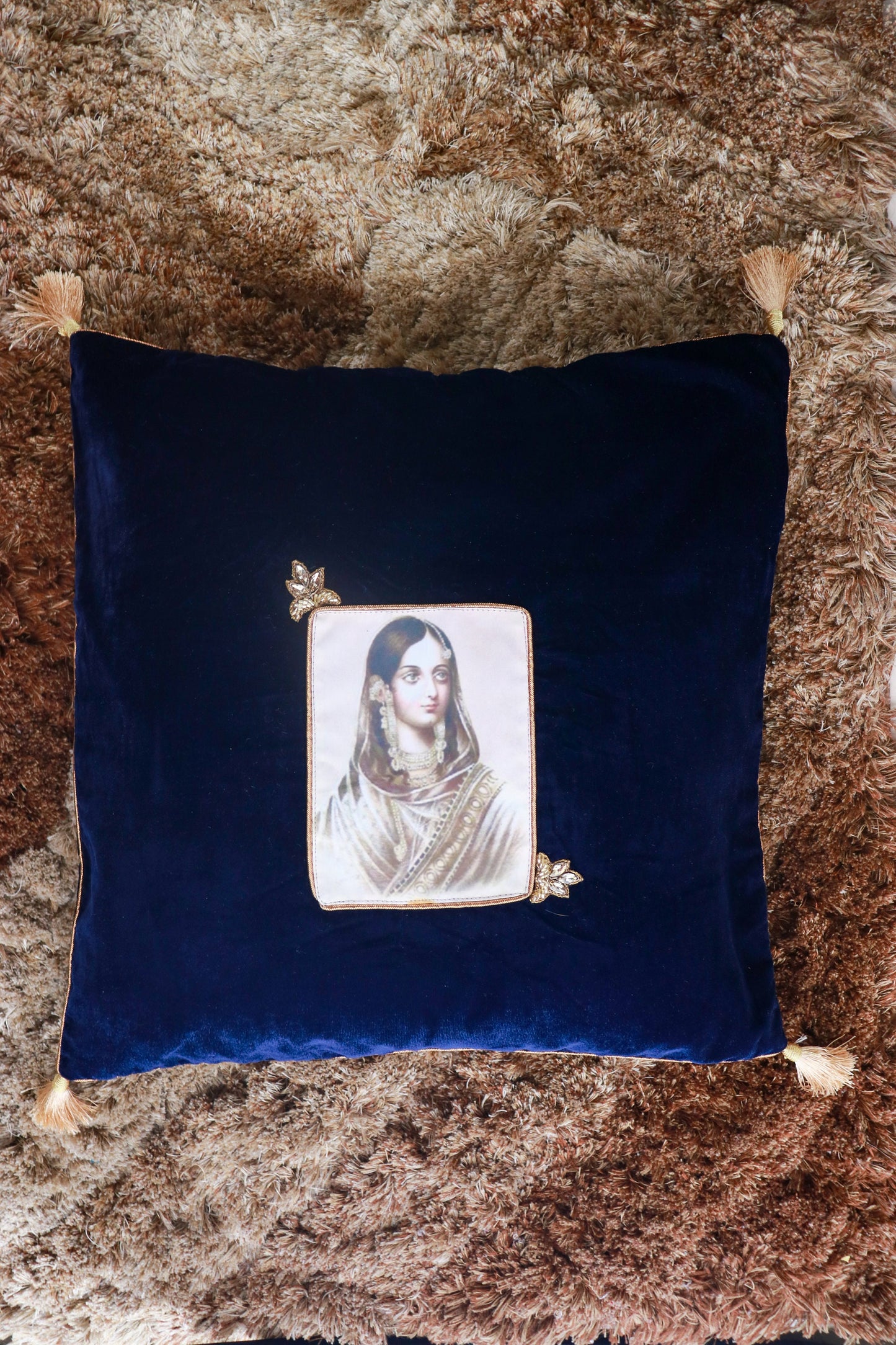 Ishqnama - Regal Blue Velvet Cushion Cover,Handmade Festive Cushion Cover,Indian Queen Digital Print Sham,Designer Decor,16",18",Price/pc