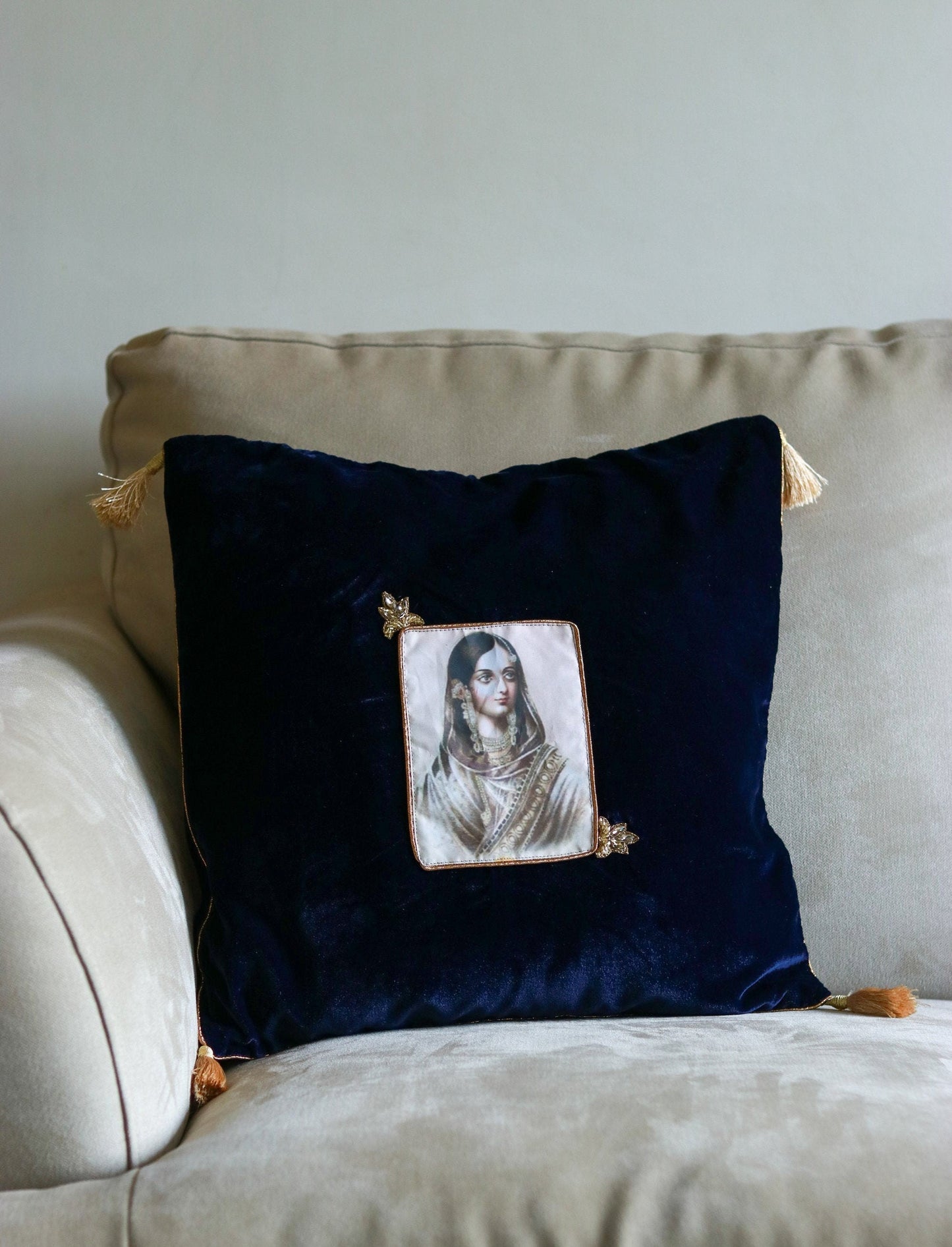 Ishqnama - Regal Blue Velvet Cushion Cover,Handmade Festive Cushion Cover,Indian Queen Digital Print Sham,Designer Decor,16",18",Price/pc