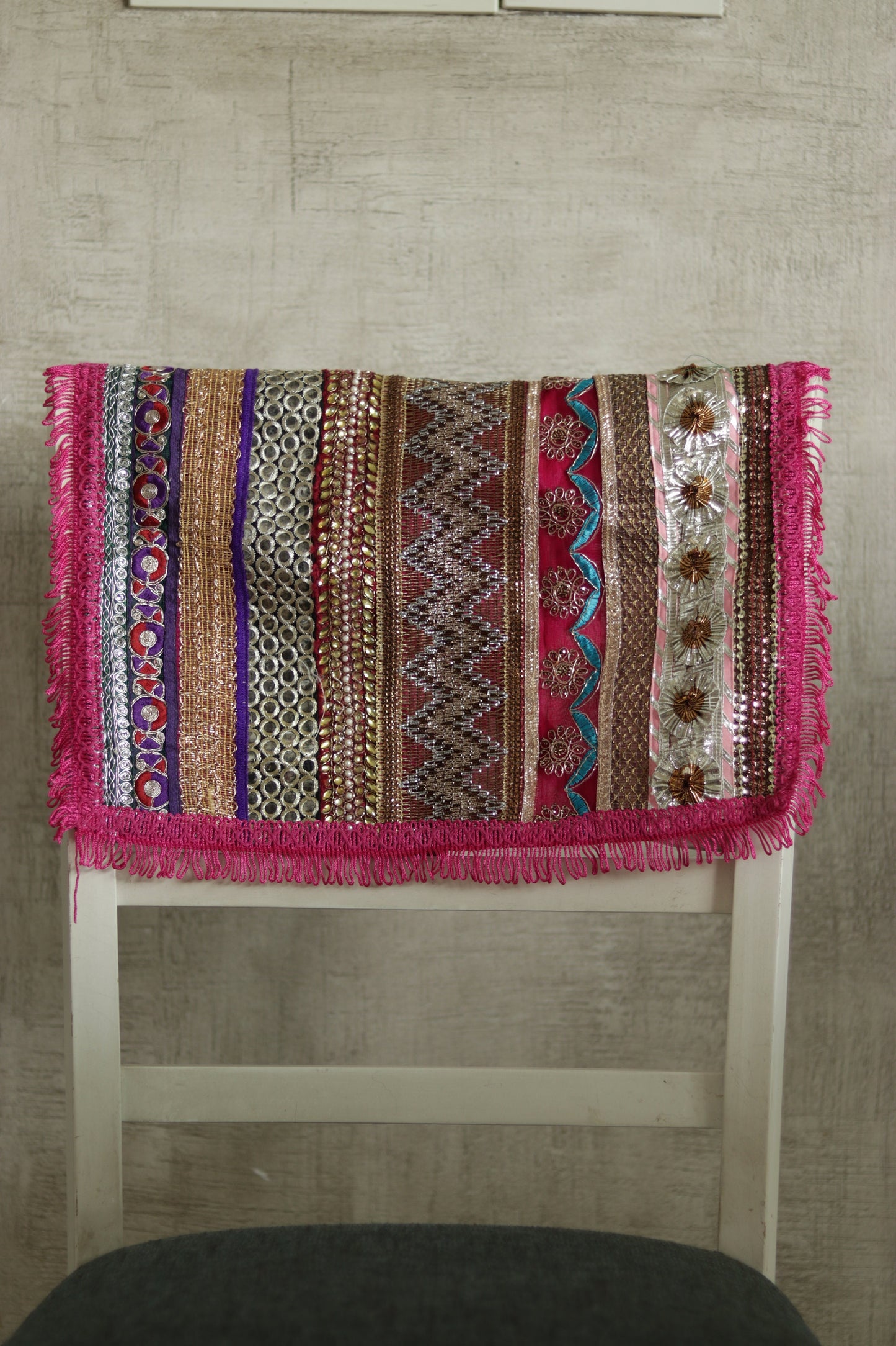 Boho Handmade Pink Net PlaceMat,Kitschy Indian Table Décor,Upcycled Trims Borders Table Mat,Prayer Mat,Embroidered Lace Tapestry,Price/pc