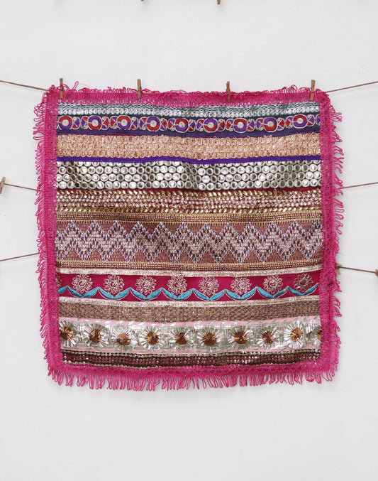 Boho Handmade Pink Net PlaceMat,Kitschy Indian Table Décor,Upcycled Trims Borders Table Mat,Prayer Mat,Embroidered Lace Tapestry,Price/pc