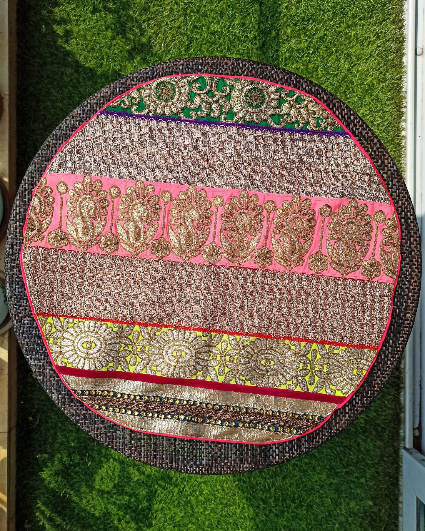 Boho Handmade Pink Gold PlaceMat,Kitschy Indian Table Décor,Upcycled Trims Borders Table Mat,Embroidered Lace Tapestry,Price/pc