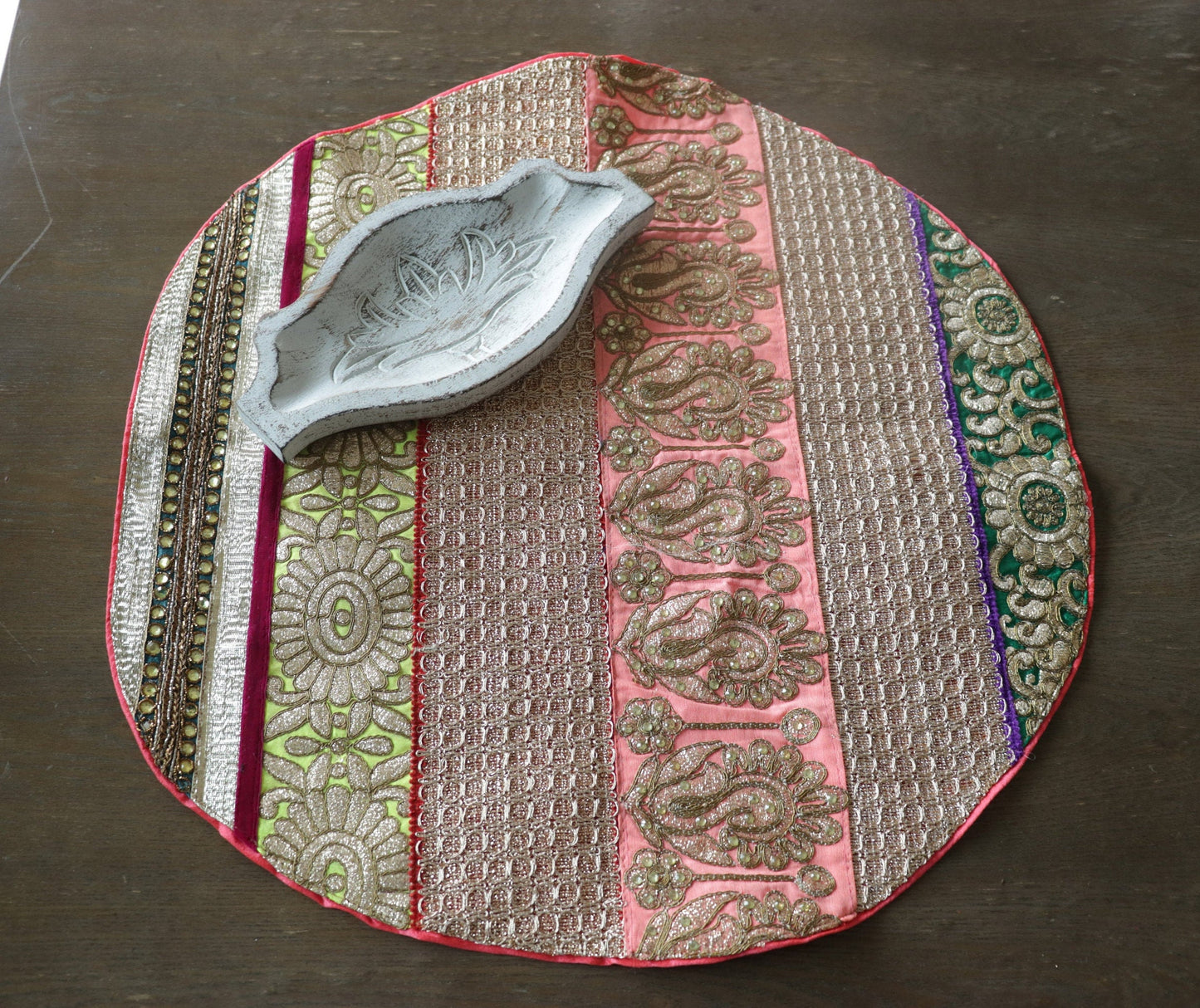 Boho Handmade Pink Gold PlaceMat,Kitschy Indian Table Décor,Upcycled Trims Borders Table Mat,Embroidered Lace Tapestry,Price/pc