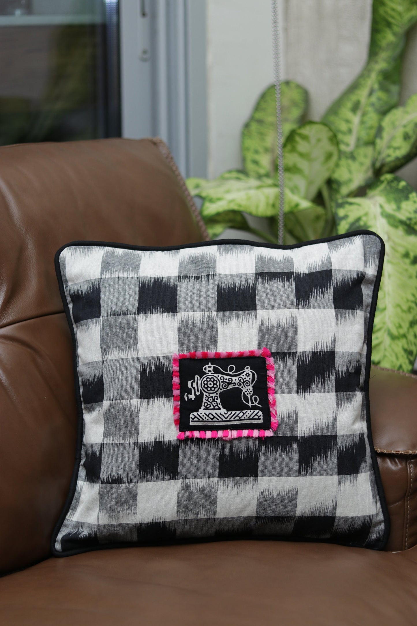 Darzi – Quirky Sewing Machine Cushion Cover,Black White Ikat Cushion,Fun Quirky Print Cushion,Vintage Print Cushion Sham,16”,18”,Price/pc