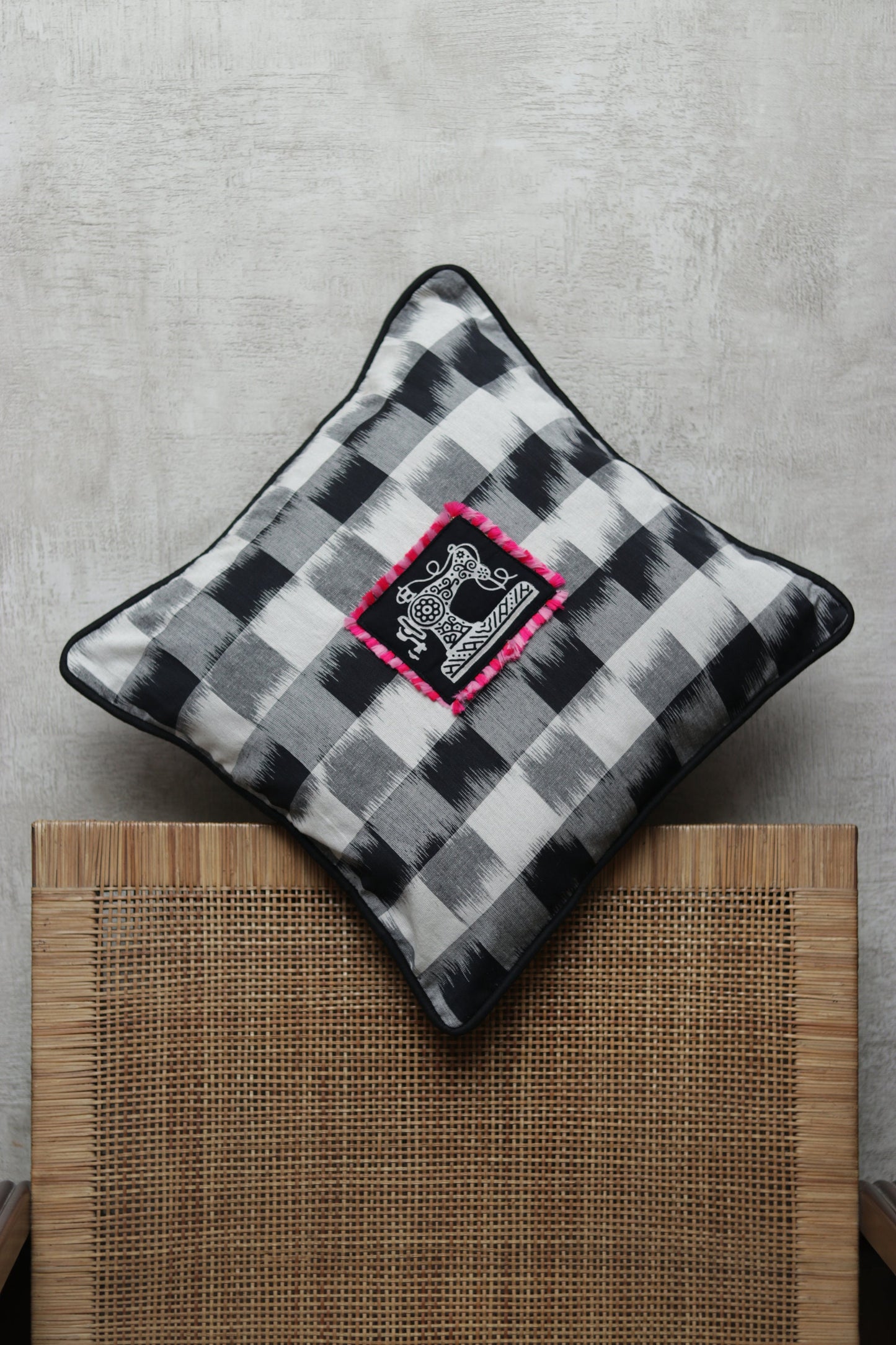 Darzi – Quirky Sewing Machine Cushion Cover,Black White Ikat Cushion,Fun Quirky Print Cushion,Vintage Print Cushion Sham,16”,18”,Price/pc