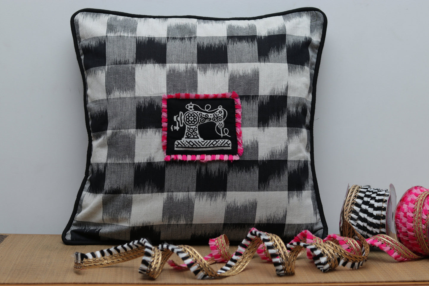 Darzi – Quirky Sewing Machine Cushion Cover,Black White Ikat Cushion,Fun Quirky Print Cushion,Vintage Print Cushion Sham,16”,18”,Price/pc