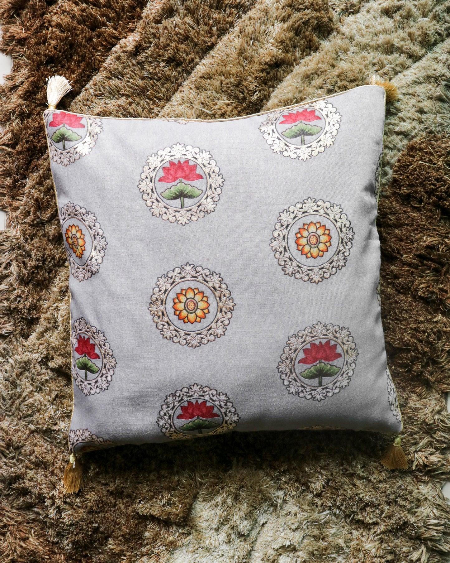 Navya – Grey Floral Cushion Cover,Handmade Grey Gold Cushion,Indian Festive Home Décor,Lotus Cushion,Grey Floral Sham,Designer Sham,Price/pc