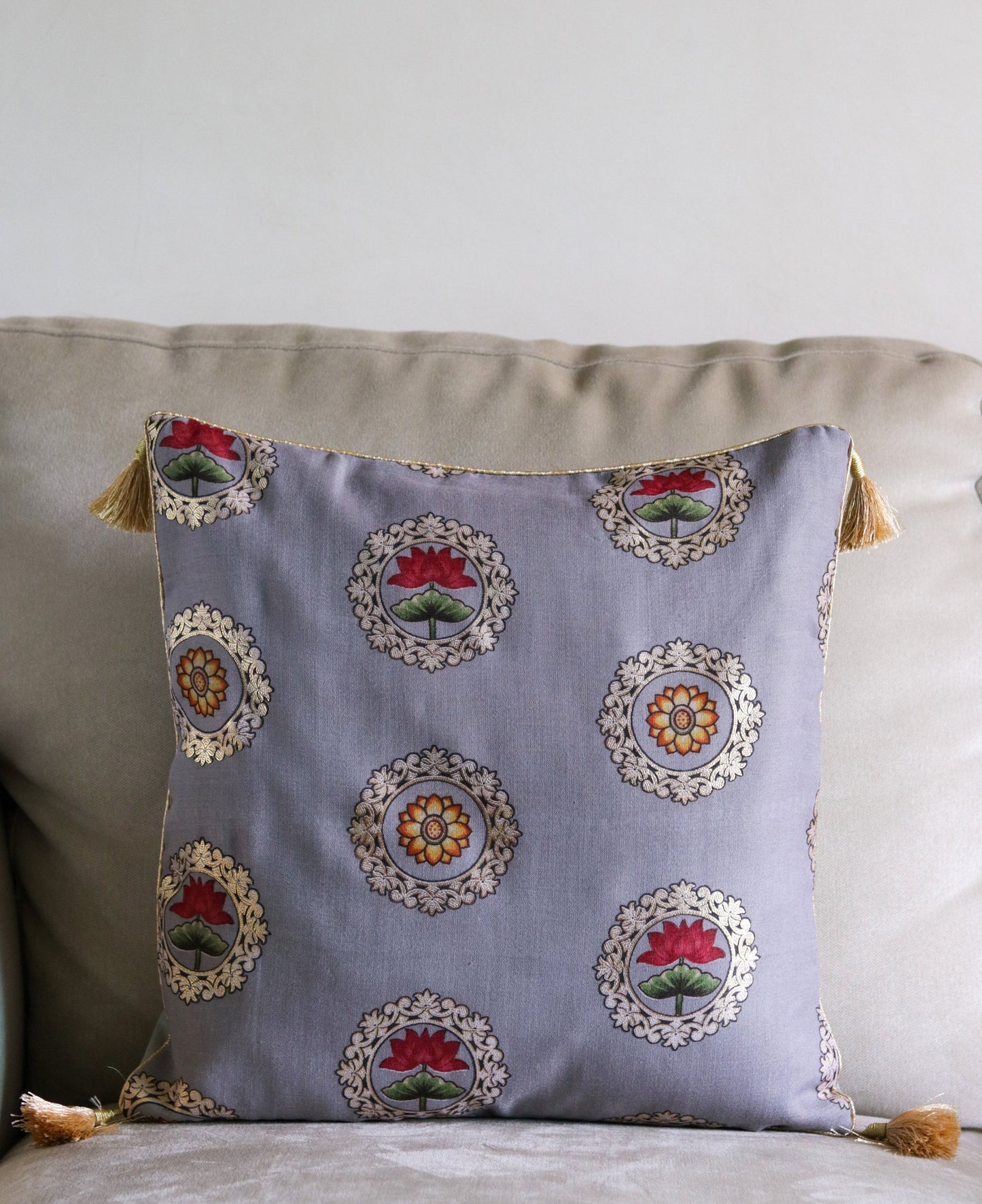 Navya – Grey Floral Cushion Cover,Handmade Grey Gold Cushion,Indian Festive Home Décor,Lotus Cushion,Grey Floral Sham,Designer Sham,Price/pc