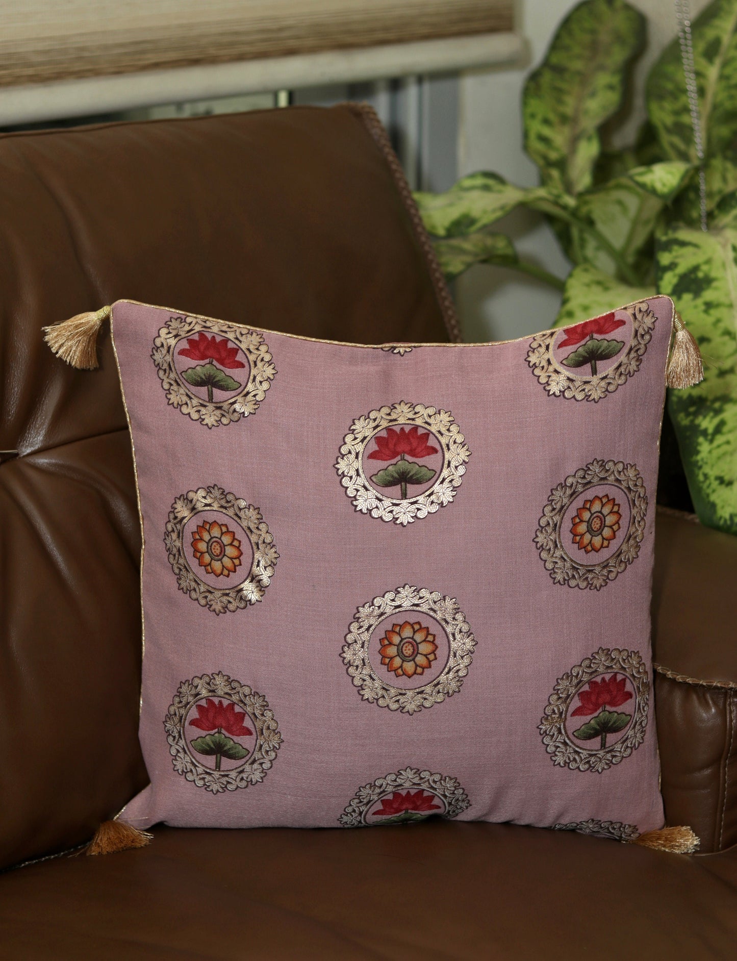 Navya – Pink Floral Cushion Cover,Handmade Pink Gold Cushion,Indian Festive Home Décor,Lotus Cushion,Pink Floral Sham,Designer Sham,Price/pc