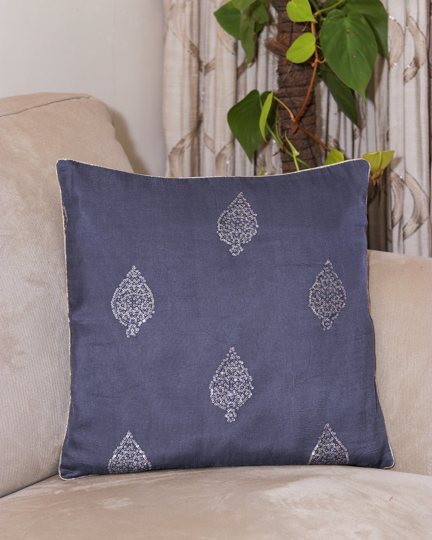 Divya – Grey Gold Cushion Cover,Handmade Grey Sequin Cushion,Festive Home Décor,Embroidered Grey Sham,Indian Silk Designer Sham,Price/pc