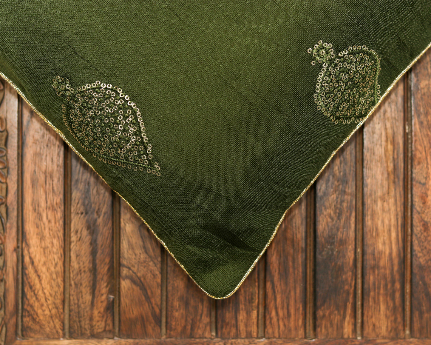 Divya – Green Gold Cushion Cover,Handmade Green Sequin Cushion,Festive Home Décor,Embroidered Green Sham,Indian Silk Designer Sham,Price/pc